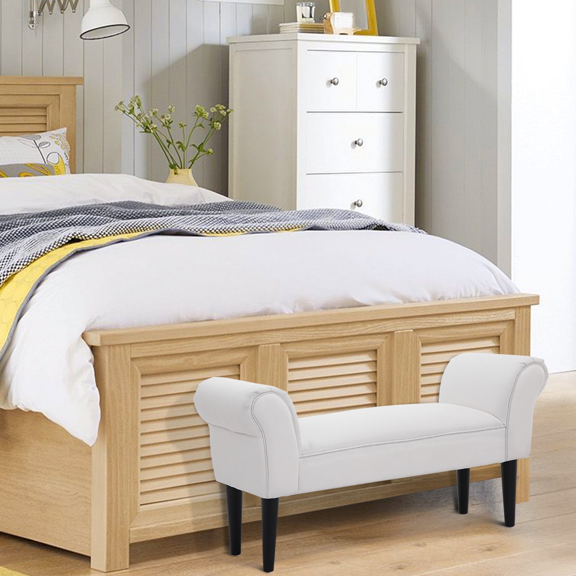 Bed End Stool Bench with Arms Upholstered Wooden Bench for Bedroom Living Room Hallway 102x36x51cm Load 130kg