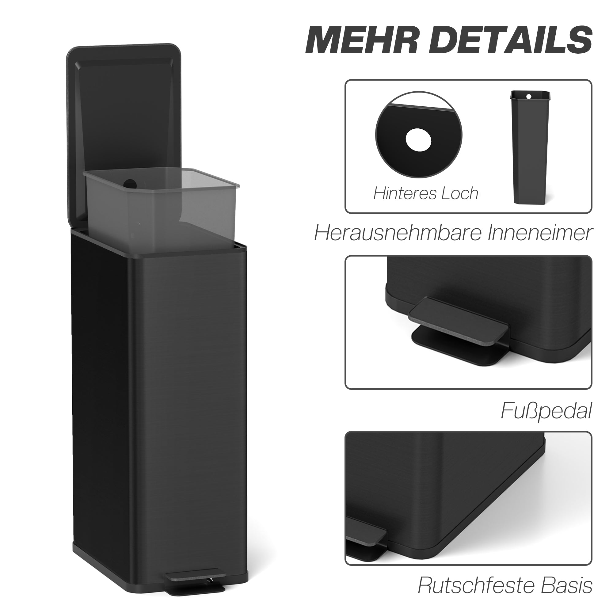 20 L (5.3 gal) Step Trash Can with Soft-Close Lid and Pedal, Includes Removable Inner Bucket — Stainless Steel, Black, 21.5 x 37.2 x 57 cm (8.5 x 14.6 x 22.4 in)