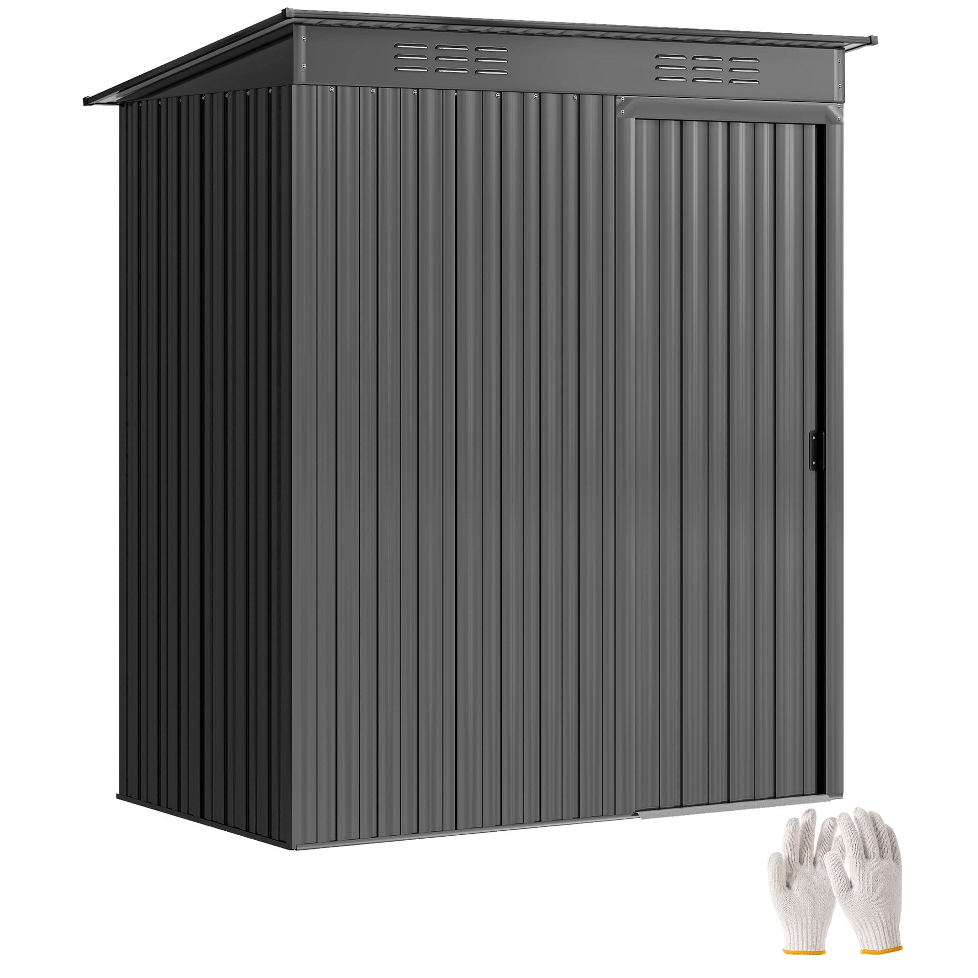 Metal Garden Shed 14.8 sq ft (1.37 m²) — 159 x 106 x 181 cm (62.6 x 41.7 x 71.3 in), Sliding Door, Vents, Sloped Roof, 2 Pairs of Gloves Included, Easy Assembly — Dark Gray