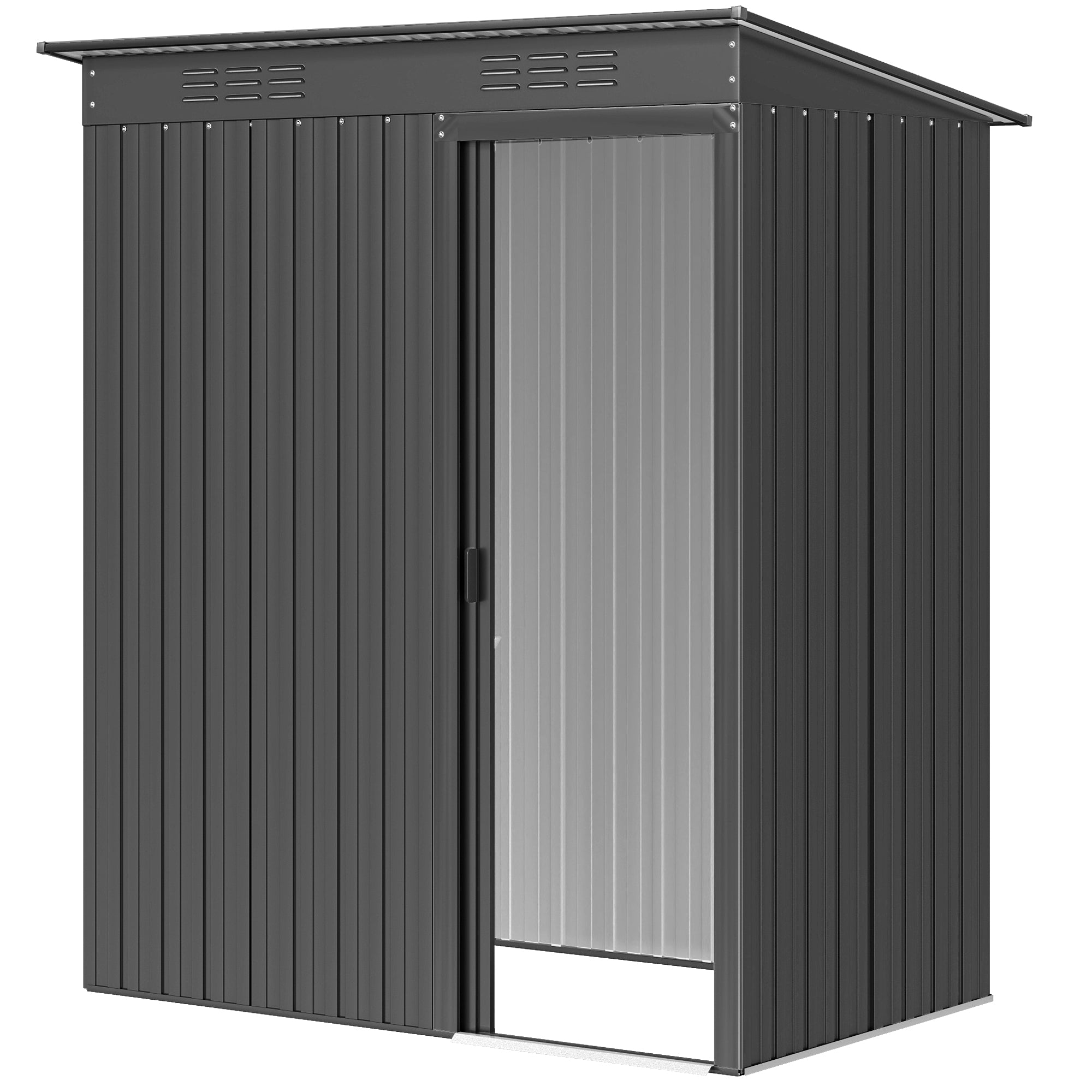Metal Garden Shed 14.8 sq ft (1.37 m²) — 159 x 106 x 181 cm (62.6 x 41.7 x 71.3 in), Sliding Door, Vents, Sloped Roof, 2 Pairs of Gloves Included, Easy Assembly — Dark Gray
