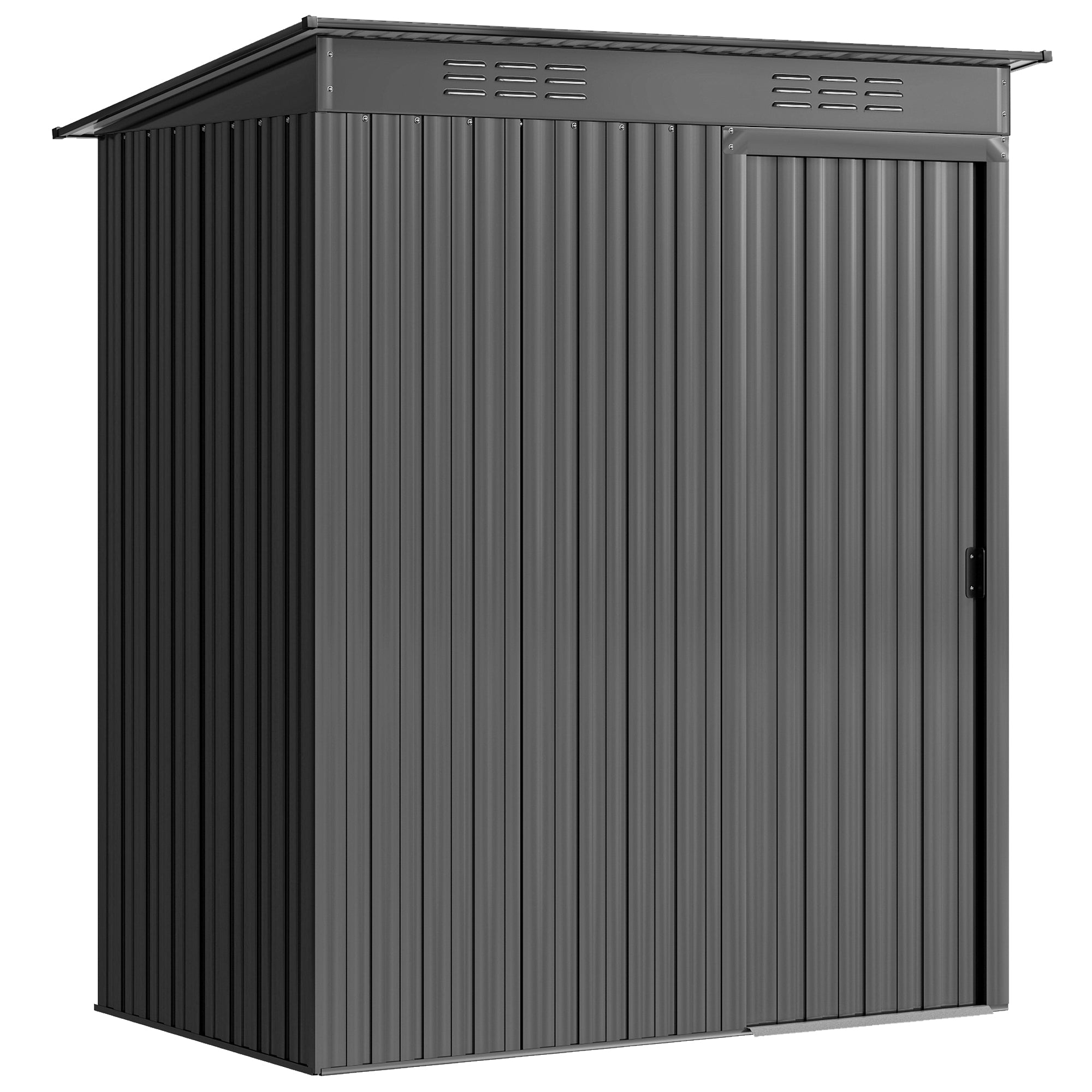Metal Garden Shed 14.8 sq ft (1.37 m²) — 159 x 106 x 181 cm (62.6 x 41.7 x 71.3 in), Sliding Door, Vents, Sloped Roof, 2 Pairs of Gloves Included, Easy Assembly — Dark Gray