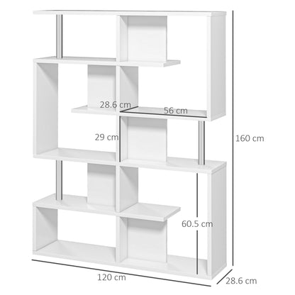 S-Shaped Bookshelf 5-Tier Modern Design Living Room, Office, Lounge, Wood, White, 120 x 28.6 x 160 cm