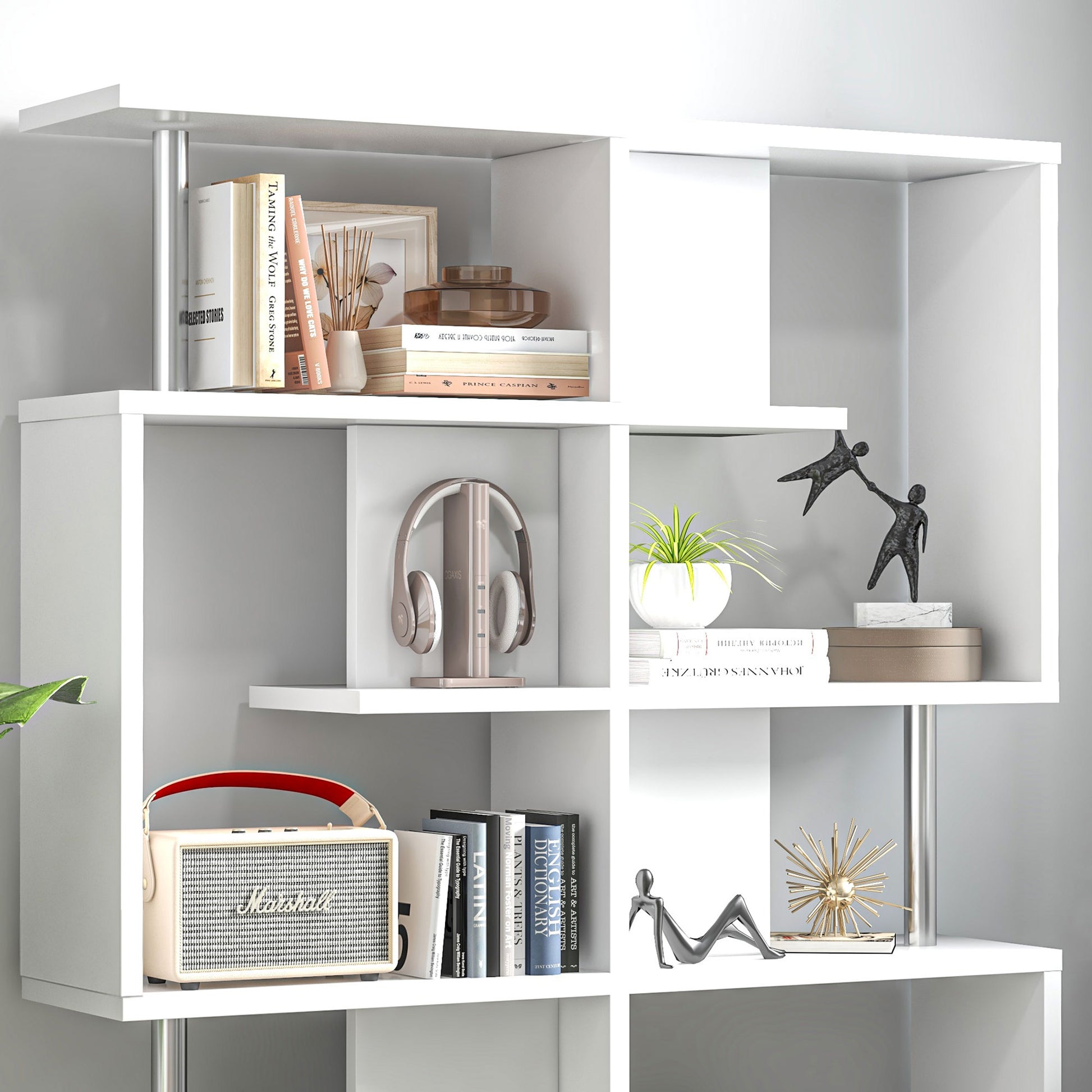 S-Shaped Bookshelf 5-Tier Modern Design Living Room, Office, Lounge, Wood, White, 120 x 28.6 x 160 cm