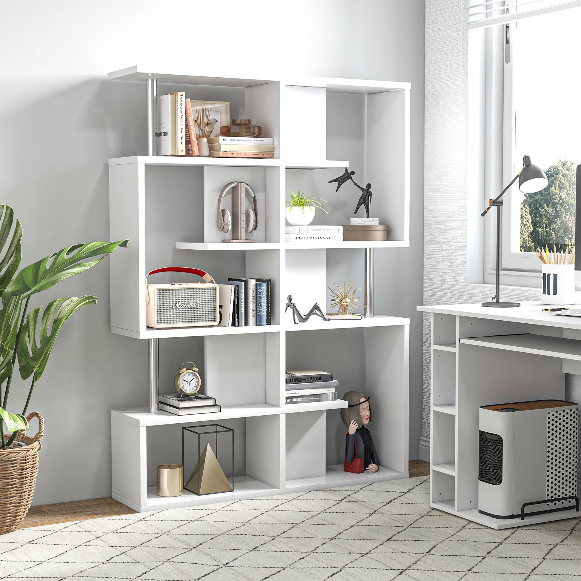 S-Shaped Bookshelf 5-Tier Modern Design Living Room, Office, Lounge, Wood, White, 120 x 28.6 x 160 cm