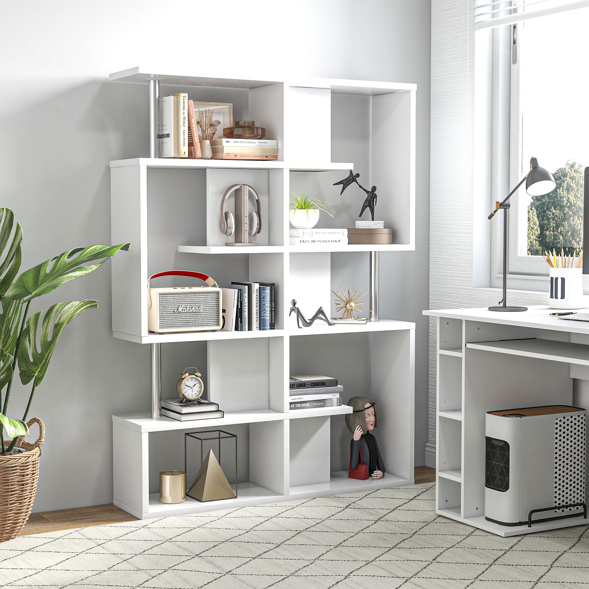 S-Shaped Bookshelf 5-Tier Modern Design Living Room, Office, Lounge, Wood, White, 120 x 28.6 x 160 cm