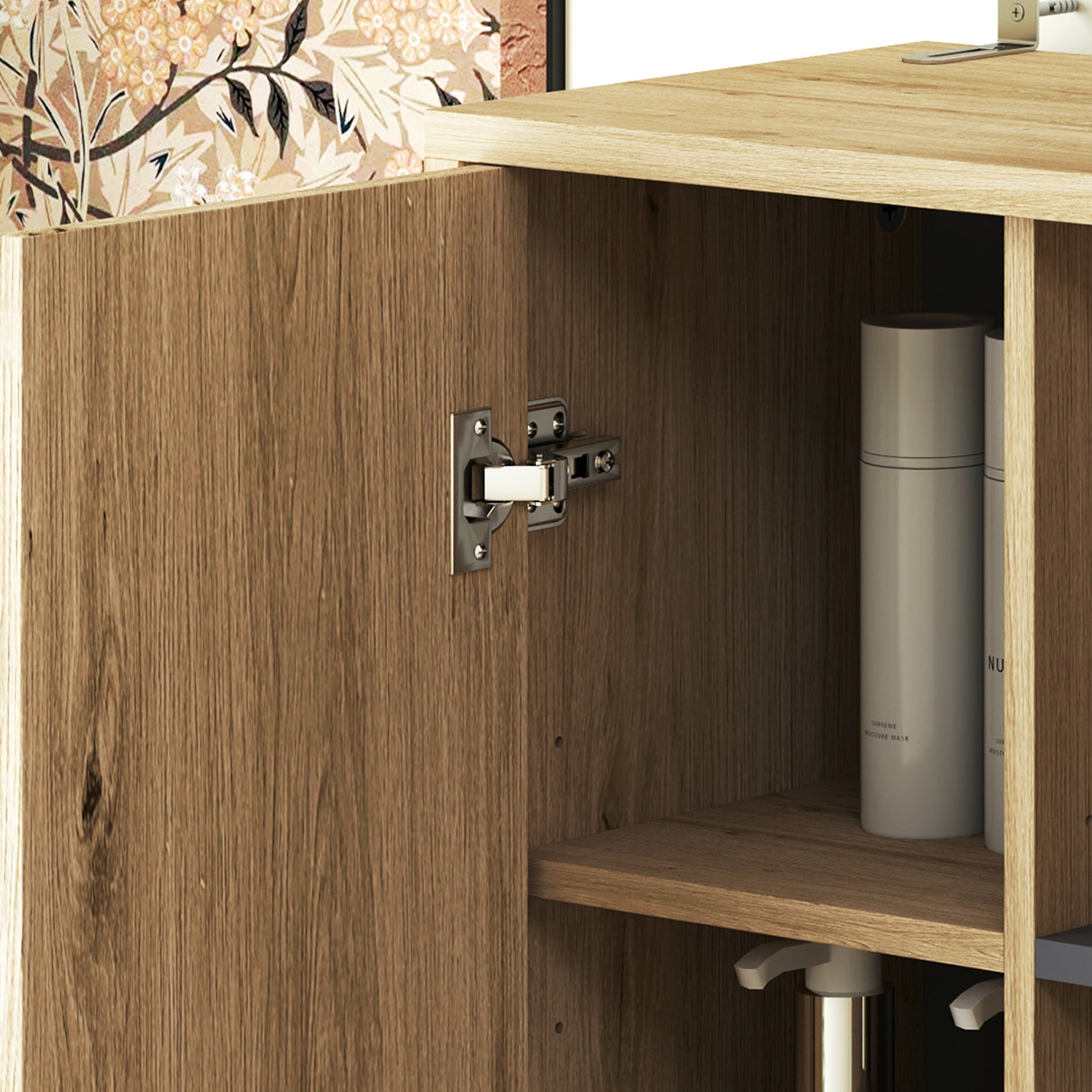 Bathroom Column Cabinet, Bathroom Cabinet with 6 Open Compartments and 2 Cupboards, dim. 40W x 24D x 148H cm, natural wood