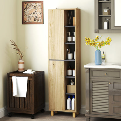 Bathroom Column Cabinet, Bathroom Cabinet with 6 Open Compartments and 2 Cupboards, dim. 40W x 24D x 148H cm, natural wood