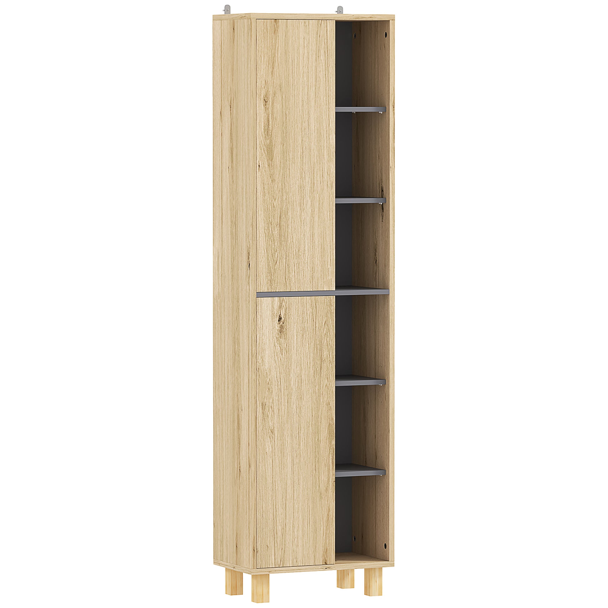 Bathroom Column Cabinet, Bathroom Cabinet with 6 Open Compartments and 2 Cupboards, dim. 40W x 24D x 148H cm, natural wood