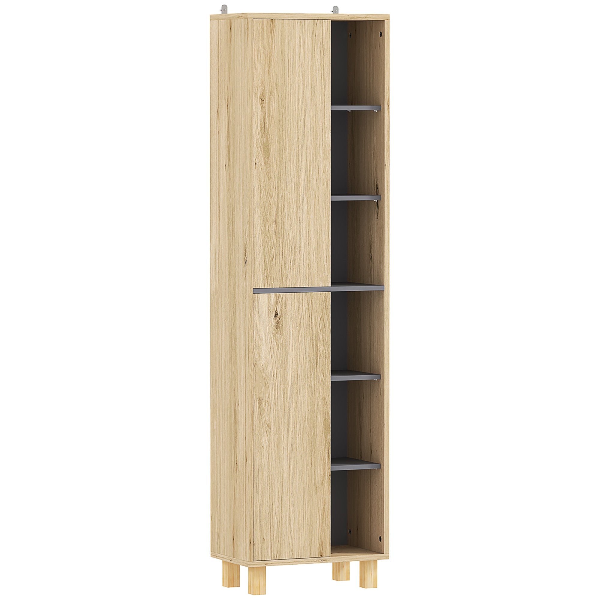 Bathroom Column Cabinet, Bathroom Cabinet with 6 Open Compartments and 2 Cupboards, dim. 40W x 24D x 148H cm, natural wood