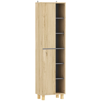 Bathroom Column Cabinet, Bathroom Cabinet with 6 Open Compartments and 2 Cupboards, dim. 40W x 24D x 148H cm, natural wood