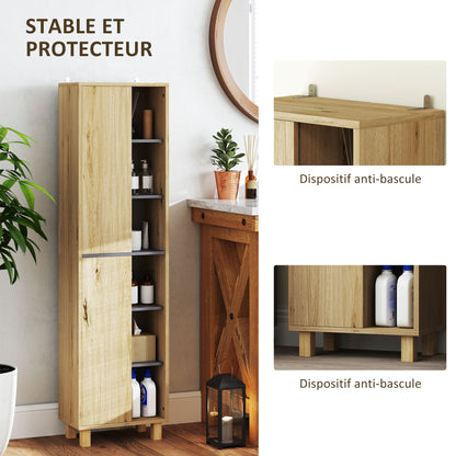 Bathroom Column Cabinet, Bathroom Cabinet with 6 Open Compartments and 2 Cupboards, dim. 40W x 24D x 148H cm, natural wood