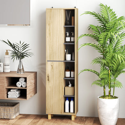 Bathroom Column Cabinet, Bathroom Cabinet with 6 Open Compartments and 2 Cupboards, dim. 40W x 24D x 148H cm, natural wood