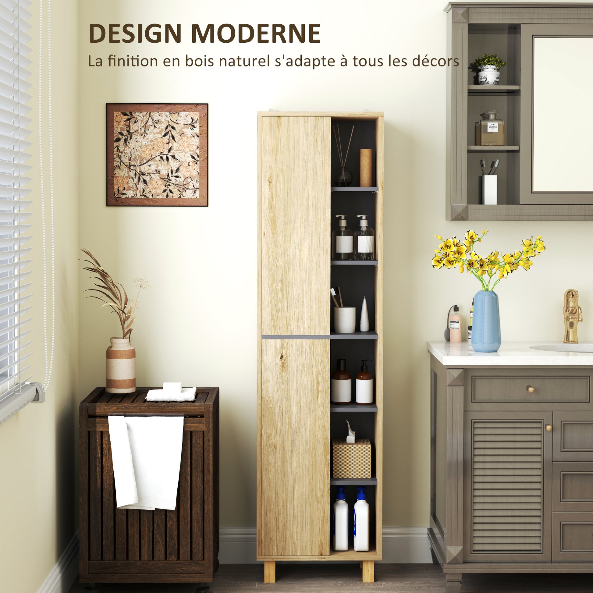Bathroom Column Cabinet, Bathroom Cabinet with 6 Open Compartments and 2 Cupboards, dim. 40W x 24D x 148H cm, natural wood