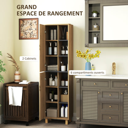 Bathroom Column Cabinet, Bathroom Cabinet with 6 Open Compartments and 2 Cupboards, dim. 40W x 24D x 148H cm, natural wood