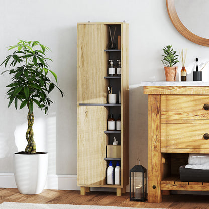 Bathroom Column Cabinet, Bathroom Cabinet with 6 Open Compartments and 2 Cupboards, dim. 40W x 24D x 148H cm, natural wood
