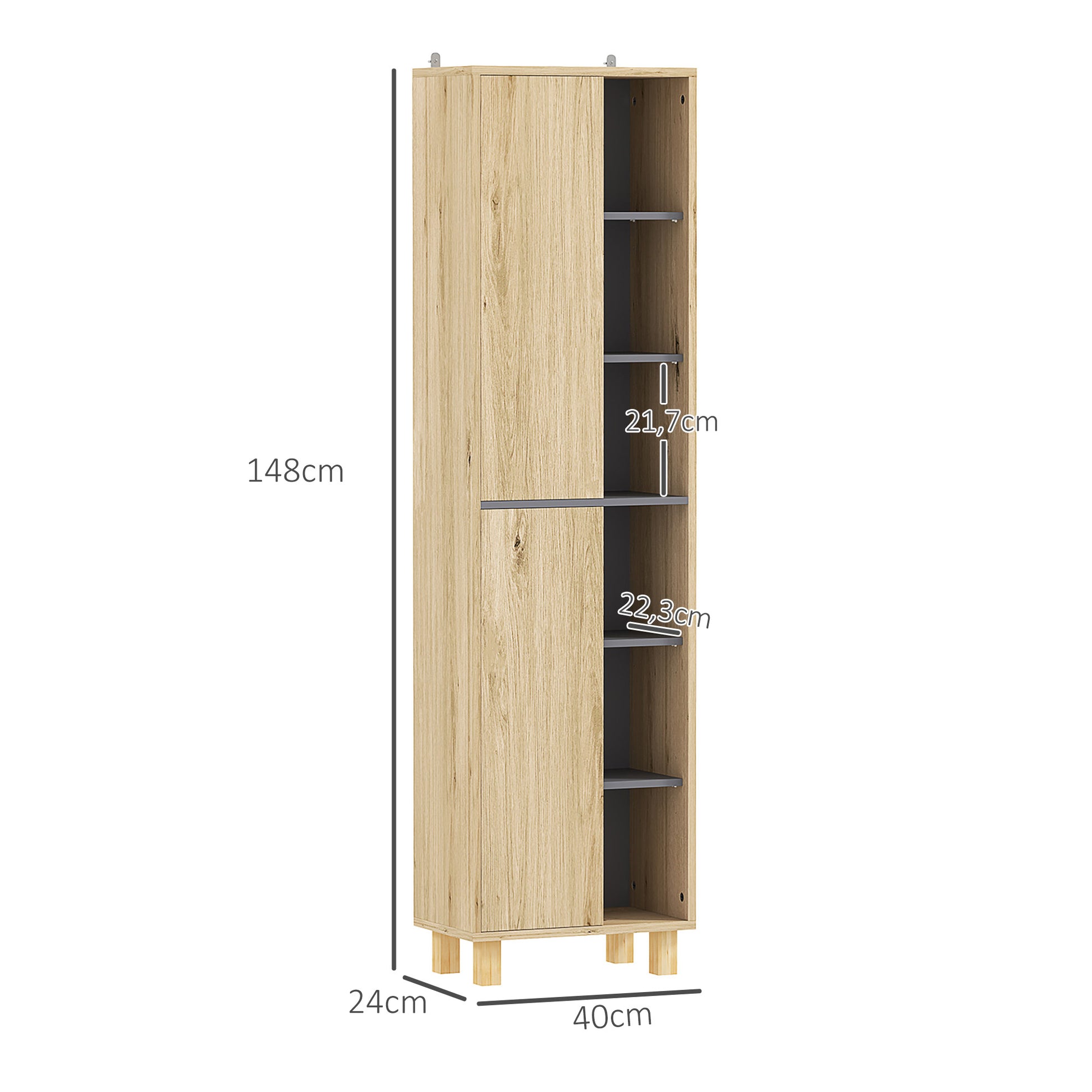 Bathroom Column Cabinet, Bathroom Cabinet with 6 Open Compartments and 2 Cupboards, dim. 40W x 24D x 148H cm, natural wood