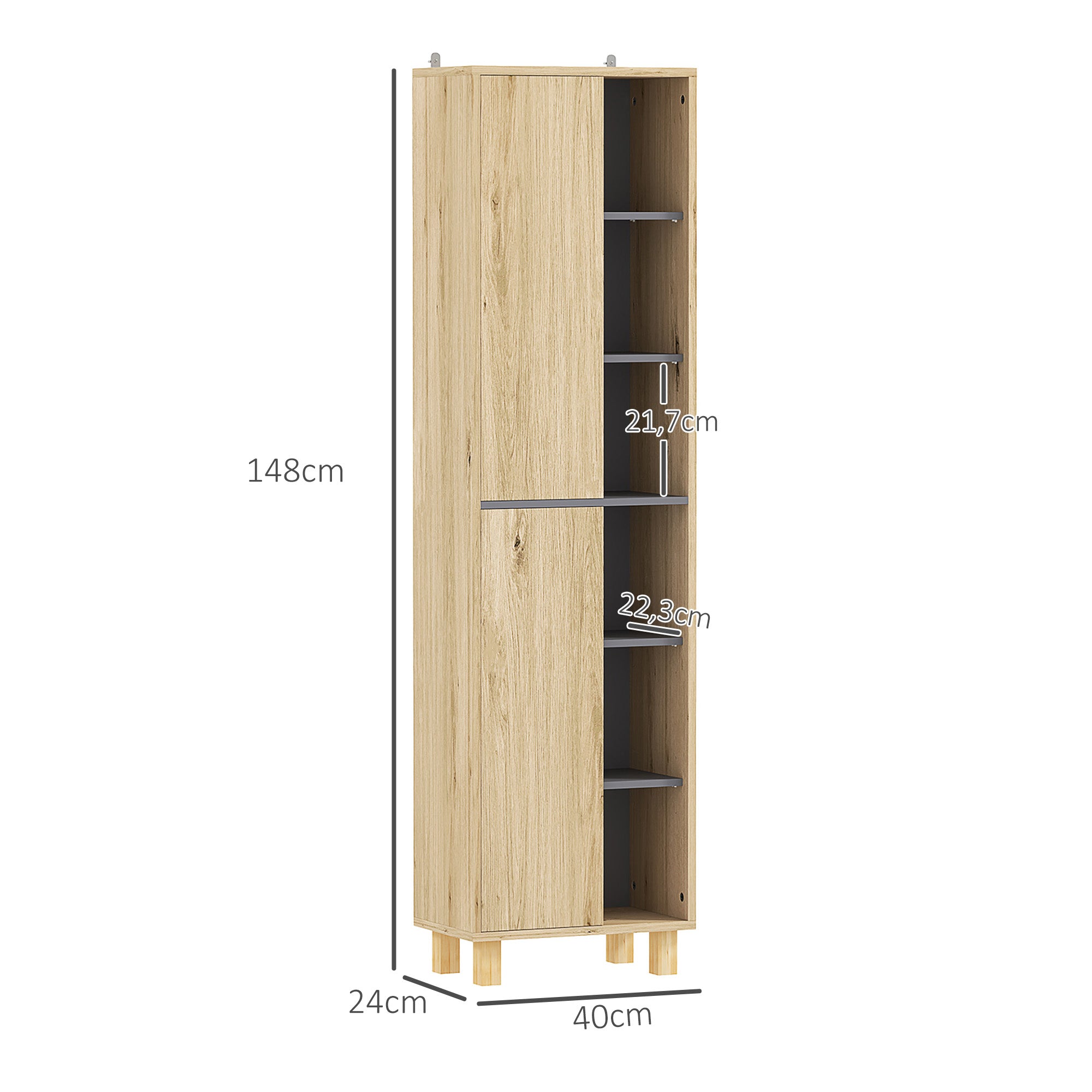 Bathroom Column Cabinet, Bathroom Cabinet with 6 Open Compartments and 2 Cupboards, dim. 40W x 24D x 148H cm, natural wood