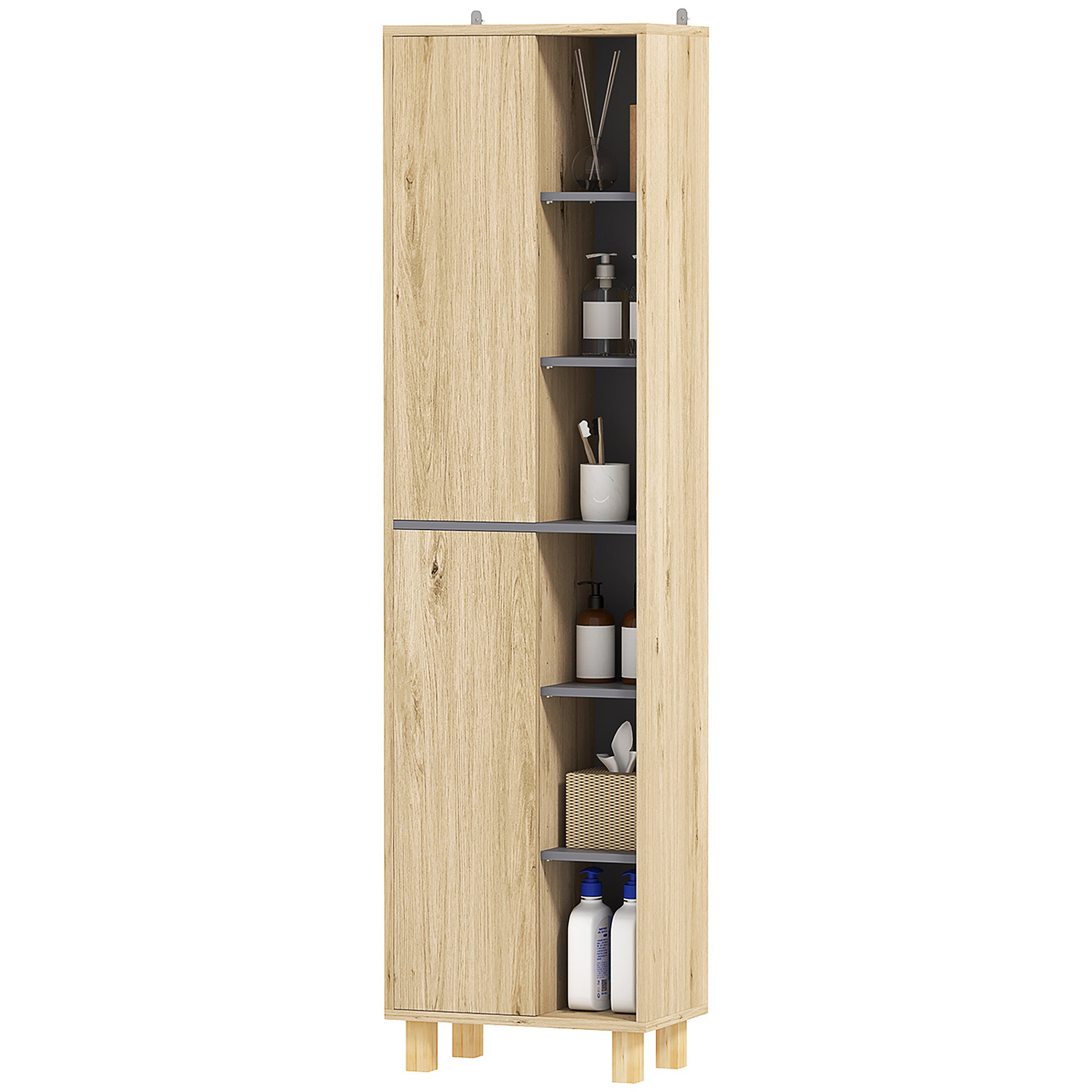 Bathroom Column Cabinet, Bathroom Cabinet with 6 Open Compartments and 2 Cupboards, dim. 40W x 24D x 148H cm, natural wood
