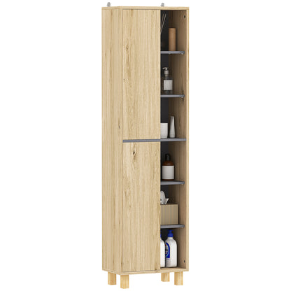 Bathroom Column Cabinet, Bathroom Cabinet with 6 Open Compartments and 2 Cupboards, dim. 40W x 24D x 148H cm, natural wood