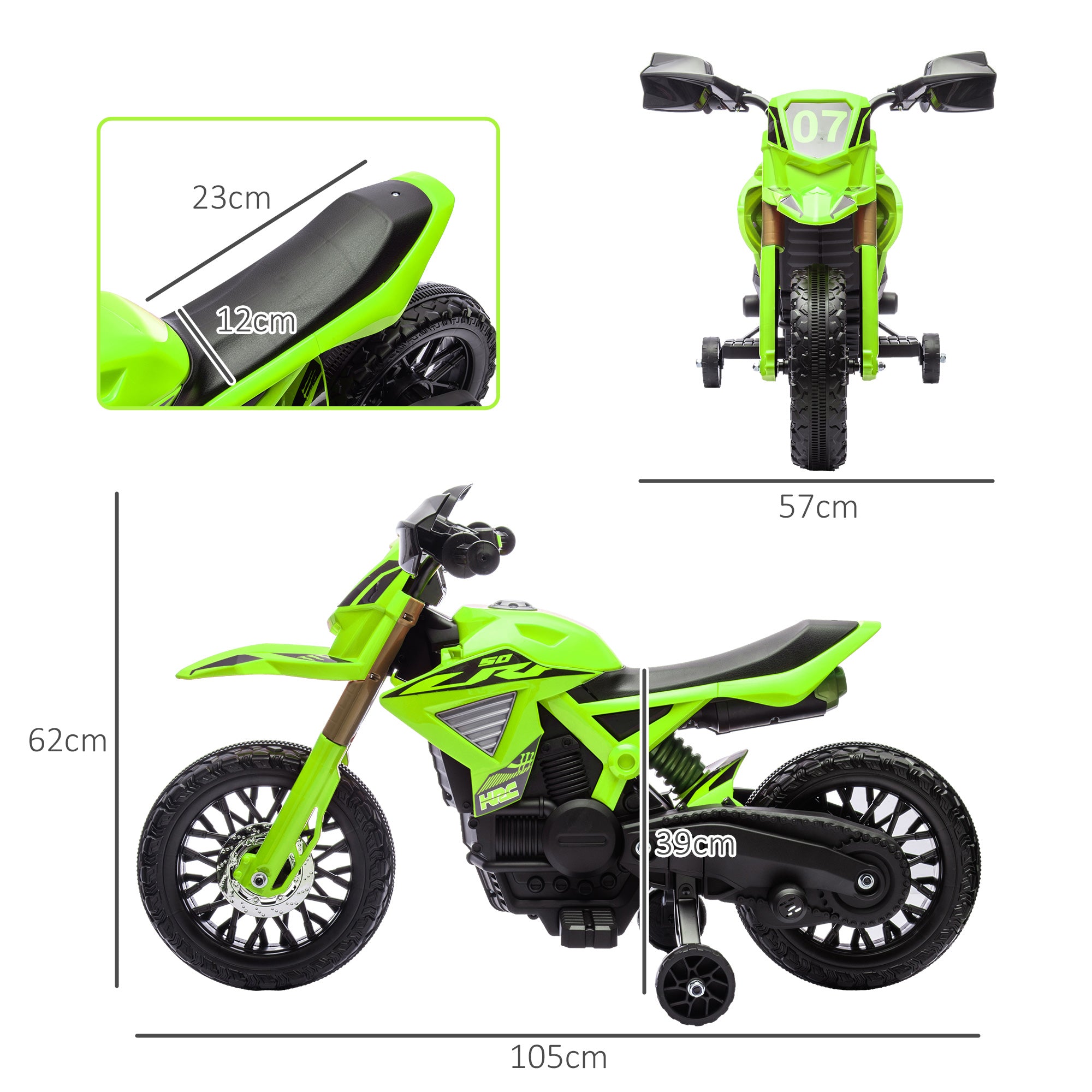 12V Electric Children's Motorbike, Kids' Motorcycle with Training Wheels, up to 3 km/h, Electric Bike with Horn and Start Sound, Children's Vehicle for 3-8 Years Kids, max 30 kg, Green