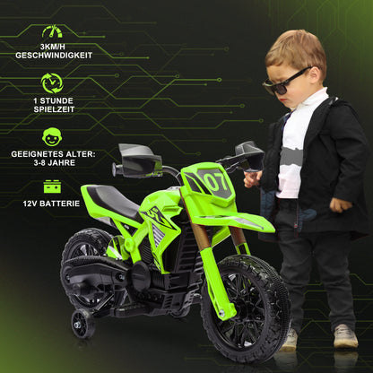 12V Electric Children's Motorbike, Kids' Motorcycle with Training Wheels, up to 3 km/h, Electric Bike with Horn and Start Sound, Children's Vehicle for 3-8 Years Kids, max 30 kg, Green