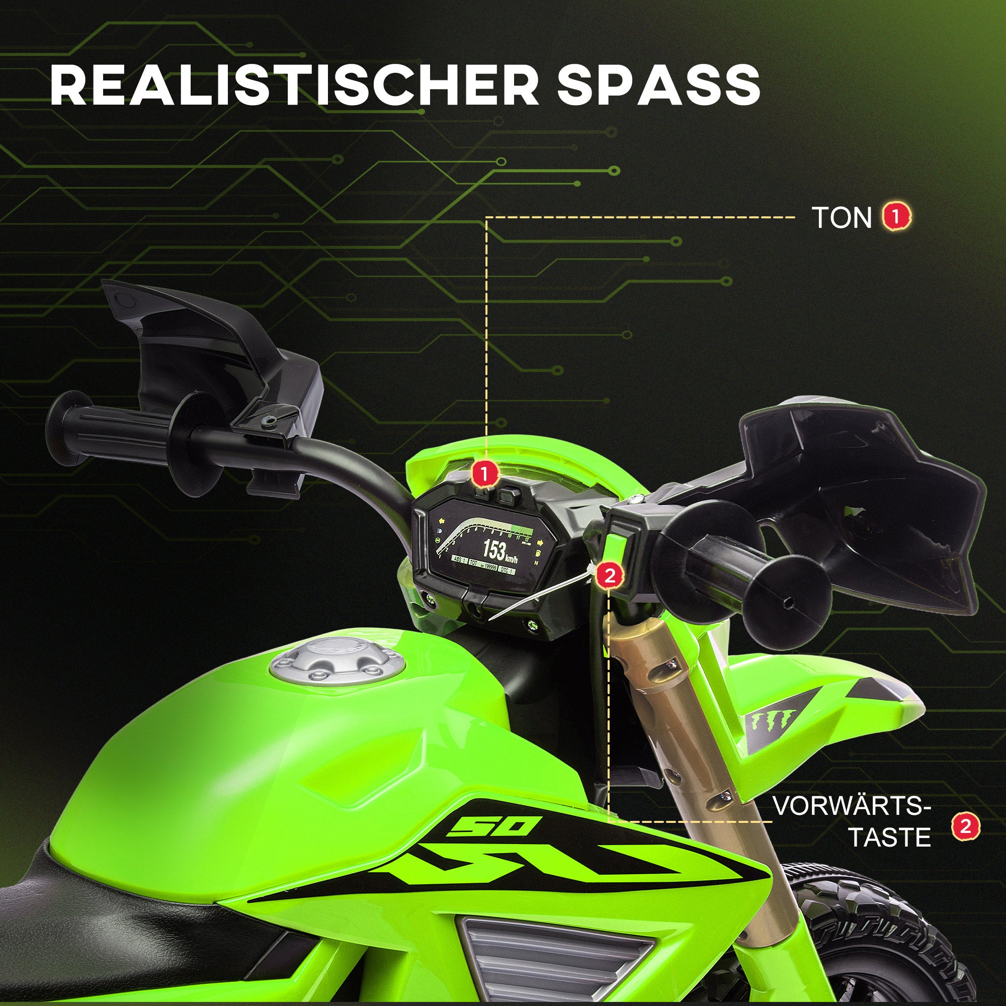 12V Electric Children's Motorbike, Kids' Motorcycle with Training Wheels, up to 3 km/h, Electric Bike with Horn and Start Sound, Children's Vehicle for 3-8 Years Kids, max 30 kg, Green