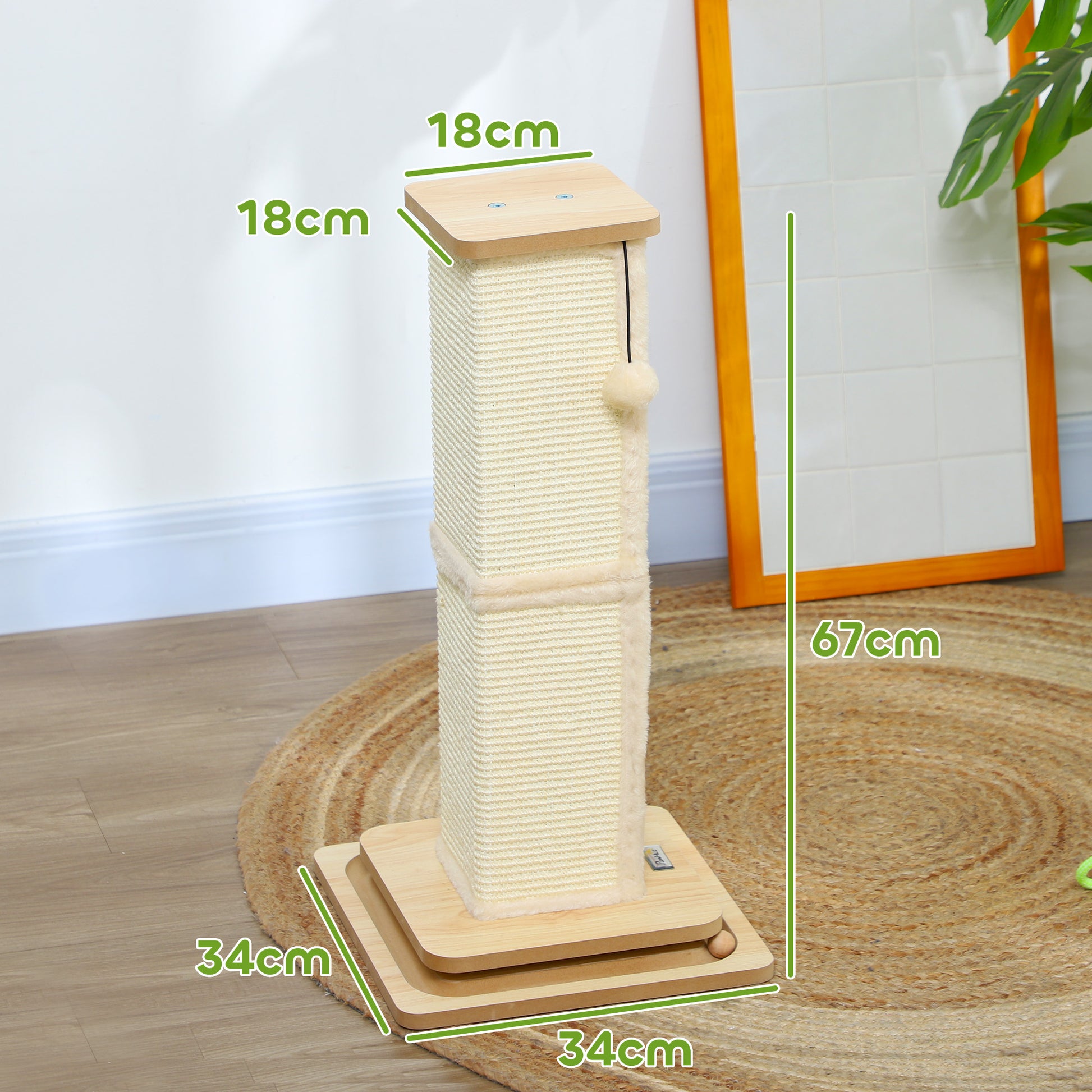 3-in-1 Scratching Post, 67cm Scratching Column, Sisal Cat Scratching Tree with Play Ball, Cat Scratching Furniture, Indoor, Oak