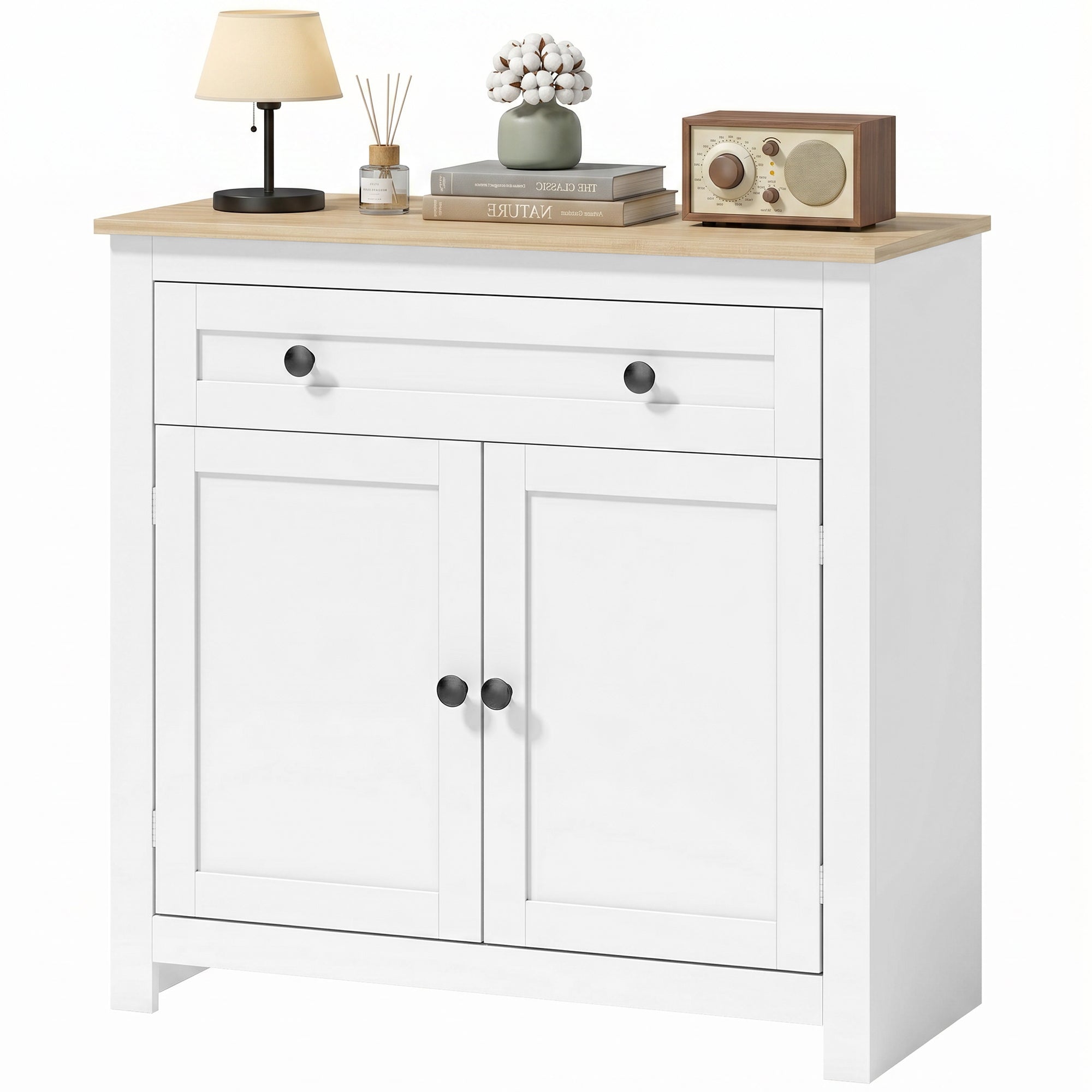 Sideboard Kitchen Cabinet with Drawer, Double Doors & Adjustable Shelf, White Oak-Effect — 30.9 x 13.8 x 31.5 in