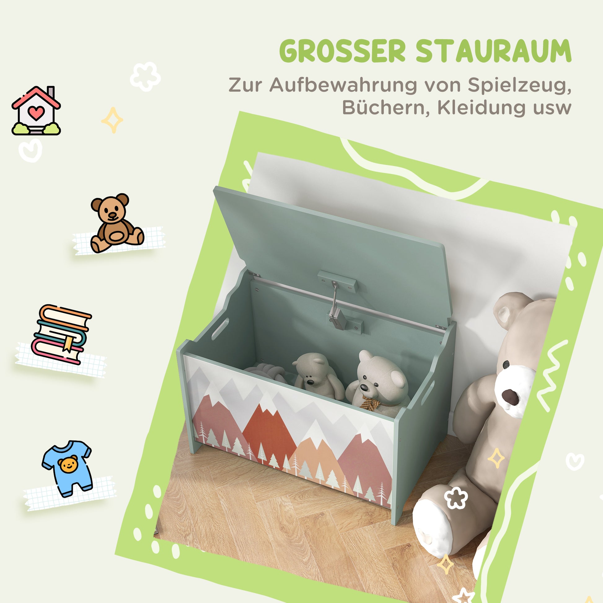 ZONEKIZ Storage Box with Storage Space, Toy Box with Lid Safety Hinge, Toy Chest with Cute Animal Design, Handle, Toy Storage for Children's Room, 60x37x39 cm Green