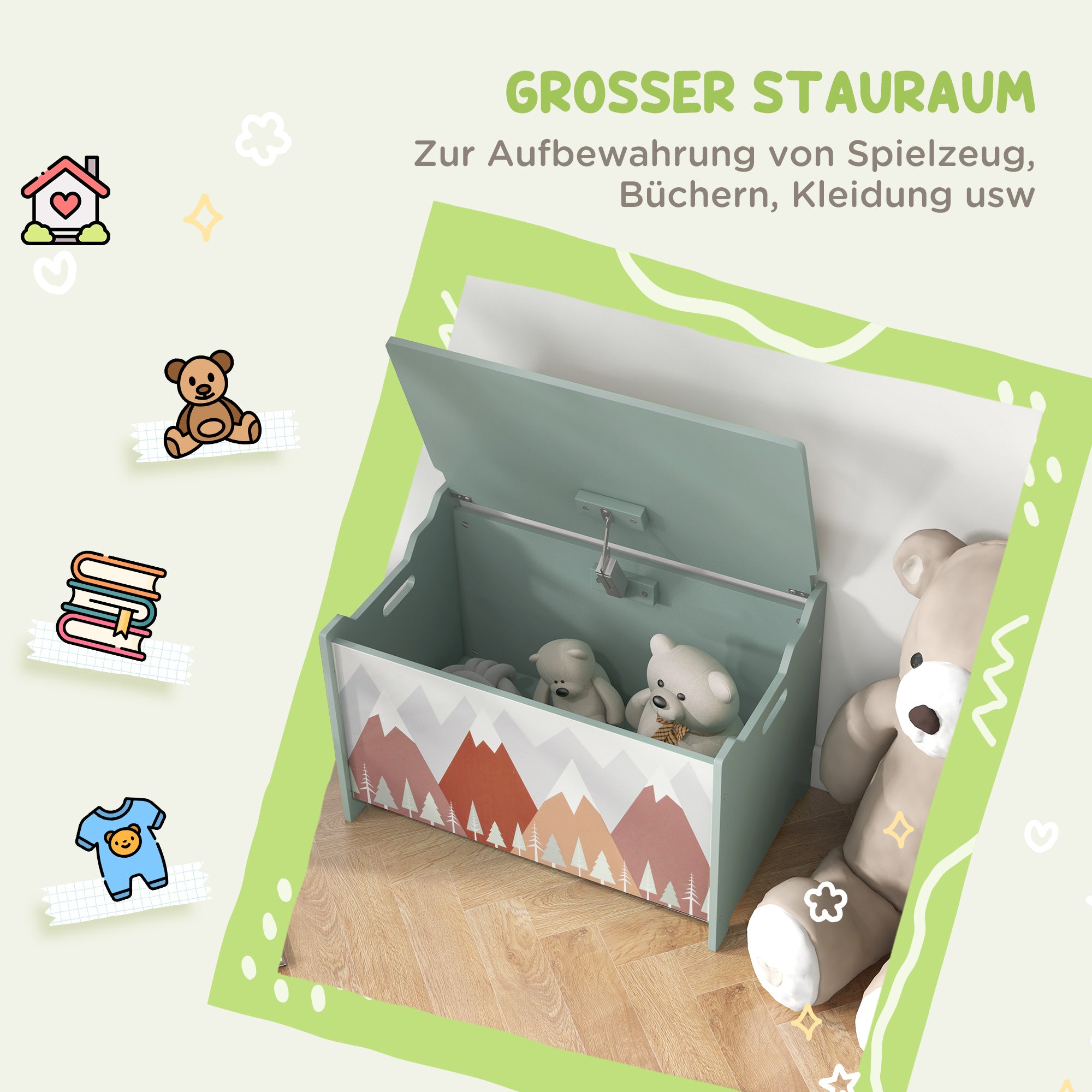 ZONEKIZ Storage Box with Storage Space, Toy Box with Lid Safety Hinge, Toy Chest with Cute Animal Design, Handle, Toy Storage for Children's Room, 60x37x39 cm Green
