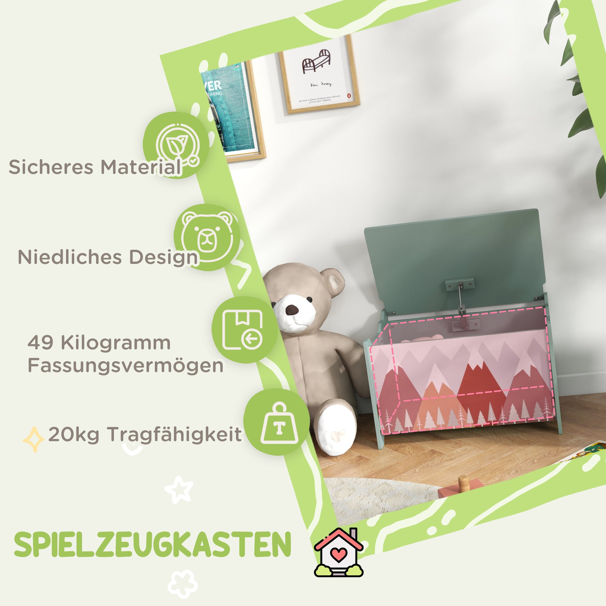 ZONEKIZ Storage Box with Storage Space, Toy Box with Lid Safety Hinge, Toy Chest with Cute Animal Design, Handle, Toy Storage for Children's Room, 60x37x39 cm Green