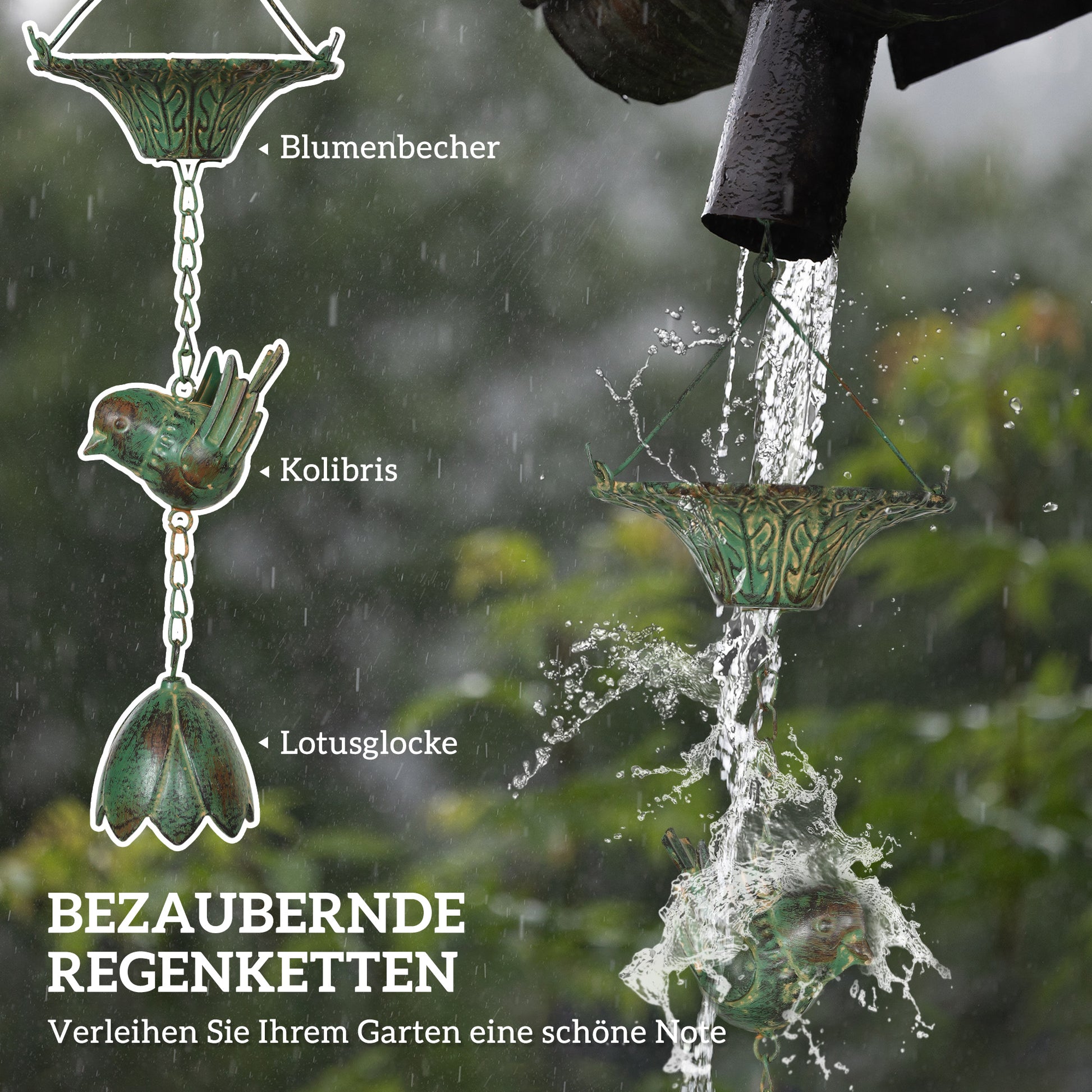 3-Piece Set Rain Chain 123cm Metal Rain Drainage Chain with Attached Hook Birds Bell Gutter Chain Rainwater Chain Rain Catcher Chain for Gutters Rain Collector Rain Chains