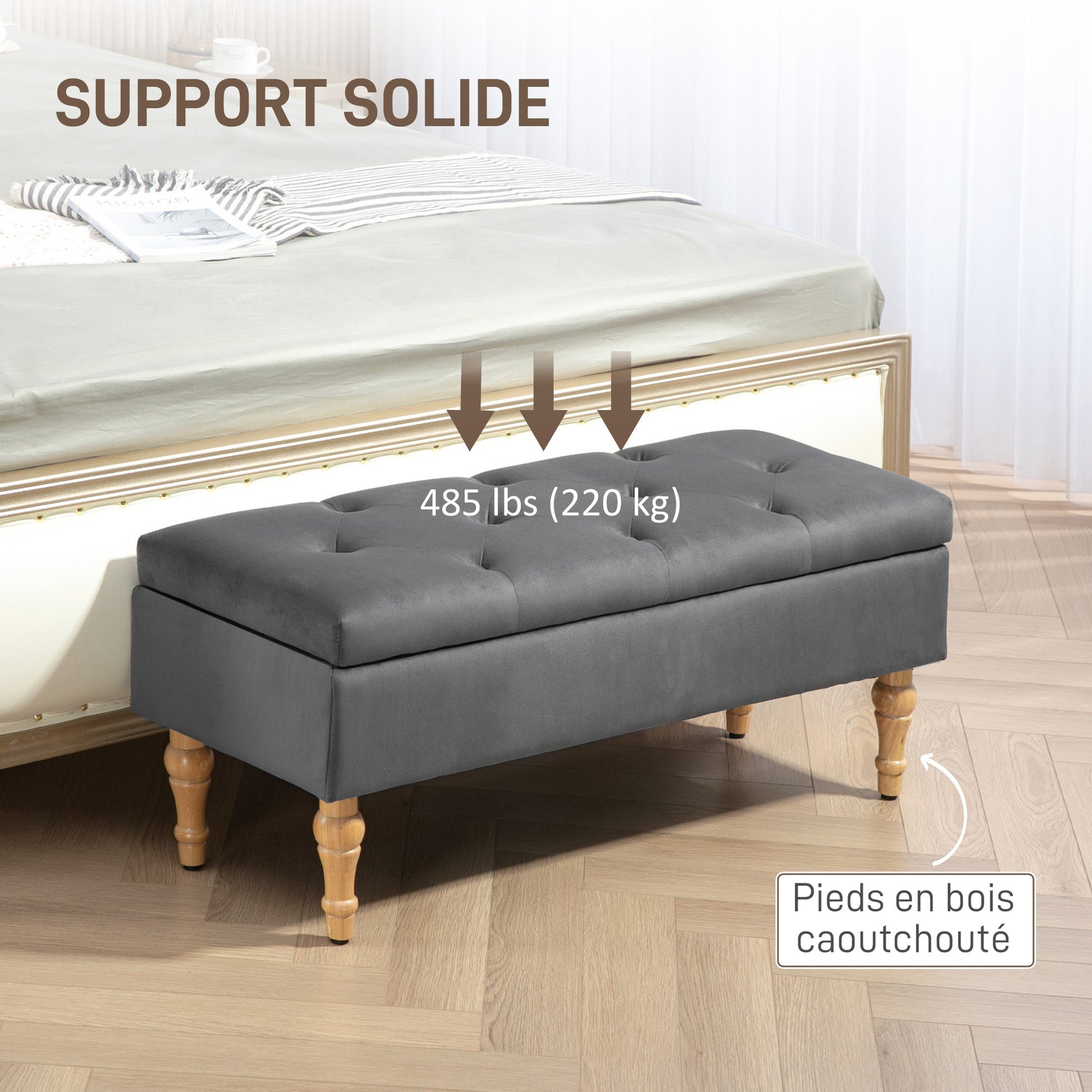 Storage Ottoman Bench 2 in 1 Velvet Storage Bench Medieval Style with Tufted Hinged Lid and Rubberwood Legs for Hallway, Living Room, Bedroom, 102 x 38 x 41 cm, Grey