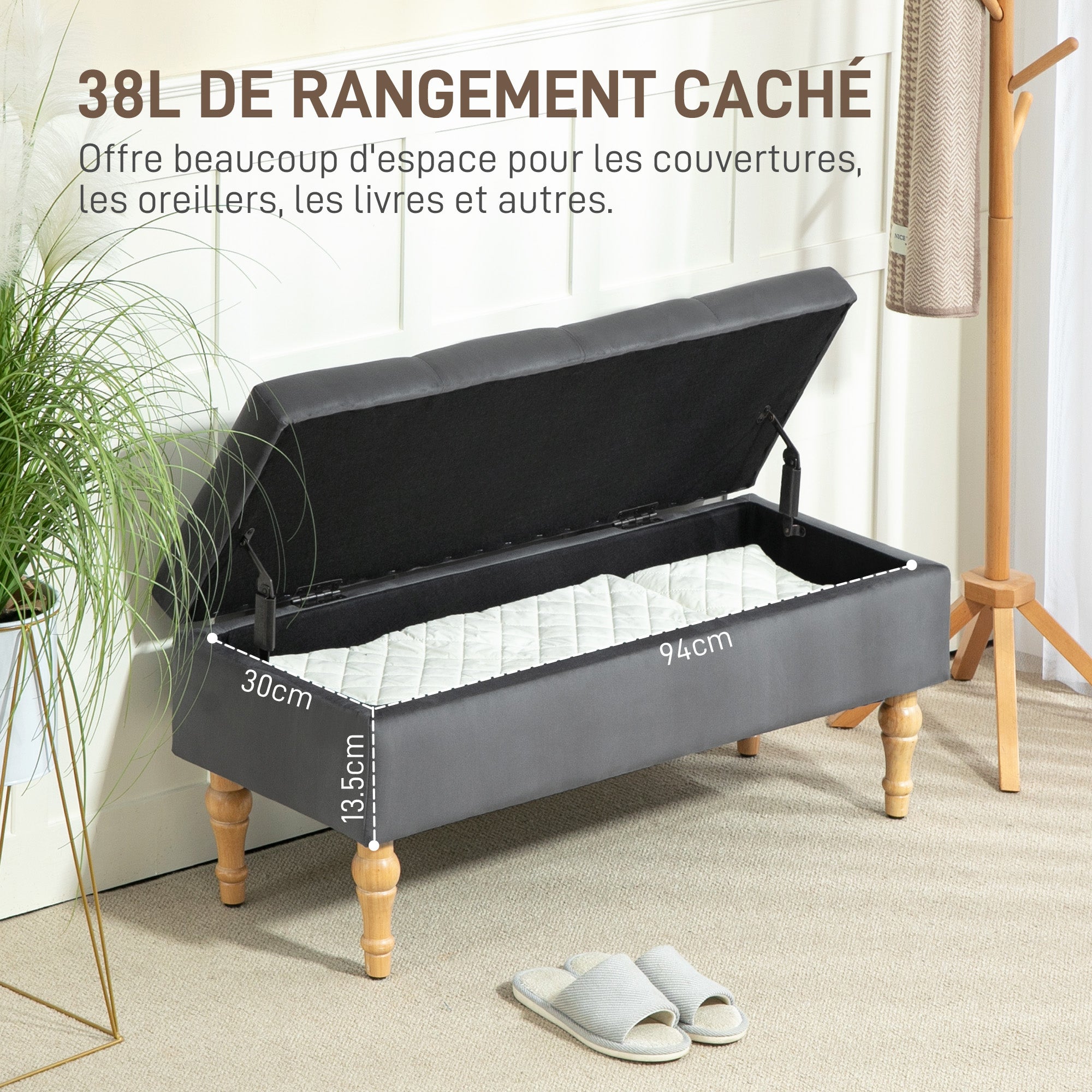 Storage Ottoman Bench 2 in 1 Velvet Storage Bench Medieval Style with Tufted Hinged Lid and Rubberwood Legs for Hallway, Living Room, Bedroom, 102 x 38 x 41 cm, Grey