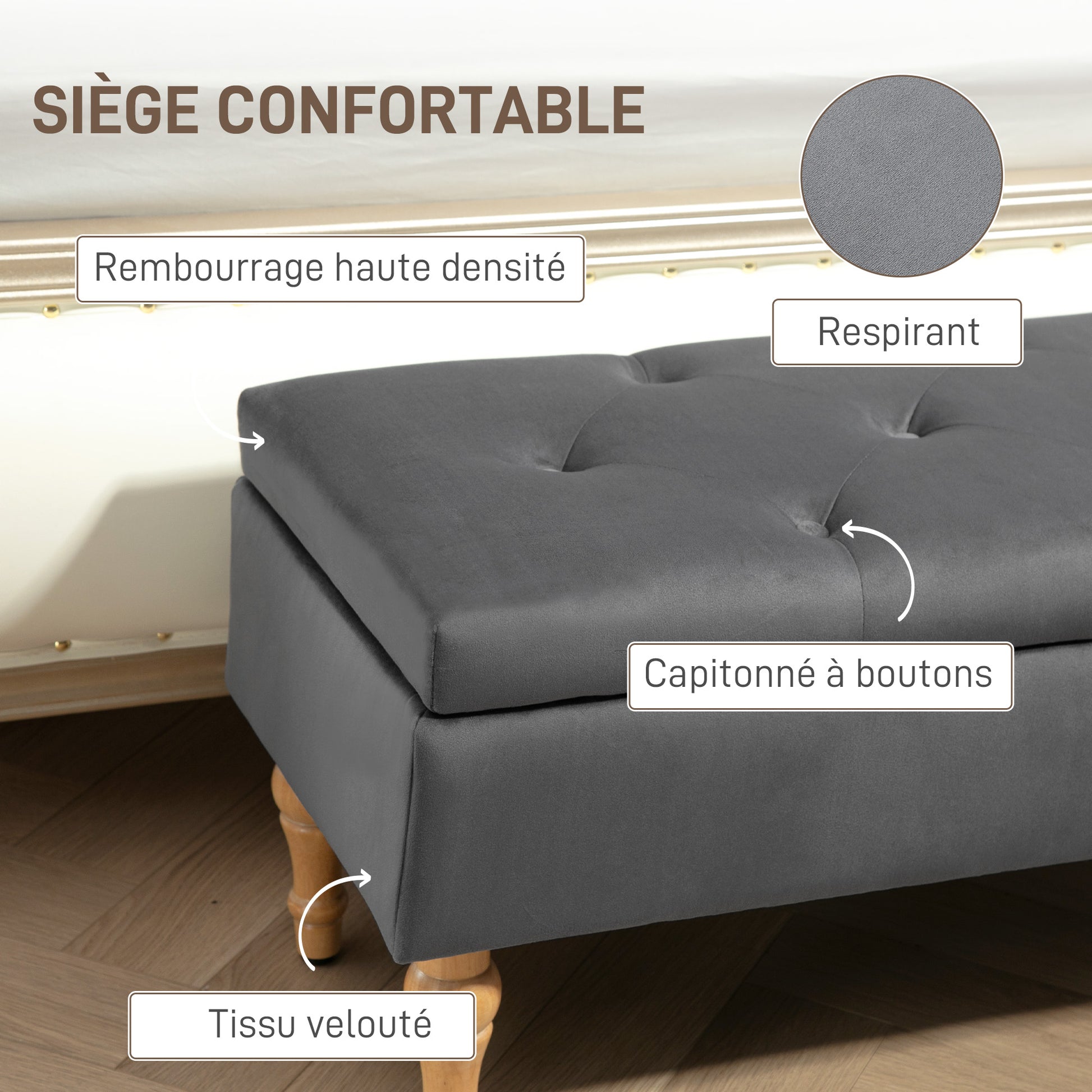 Storage Ottoman Bench 2 in 1 Velvet Storage Bench Medieval Style with Tufted Hinged Lid and Rubberwood Legs for Hallway, Living Room, Bedroom, 102 x 38 x 41 cm, Grey