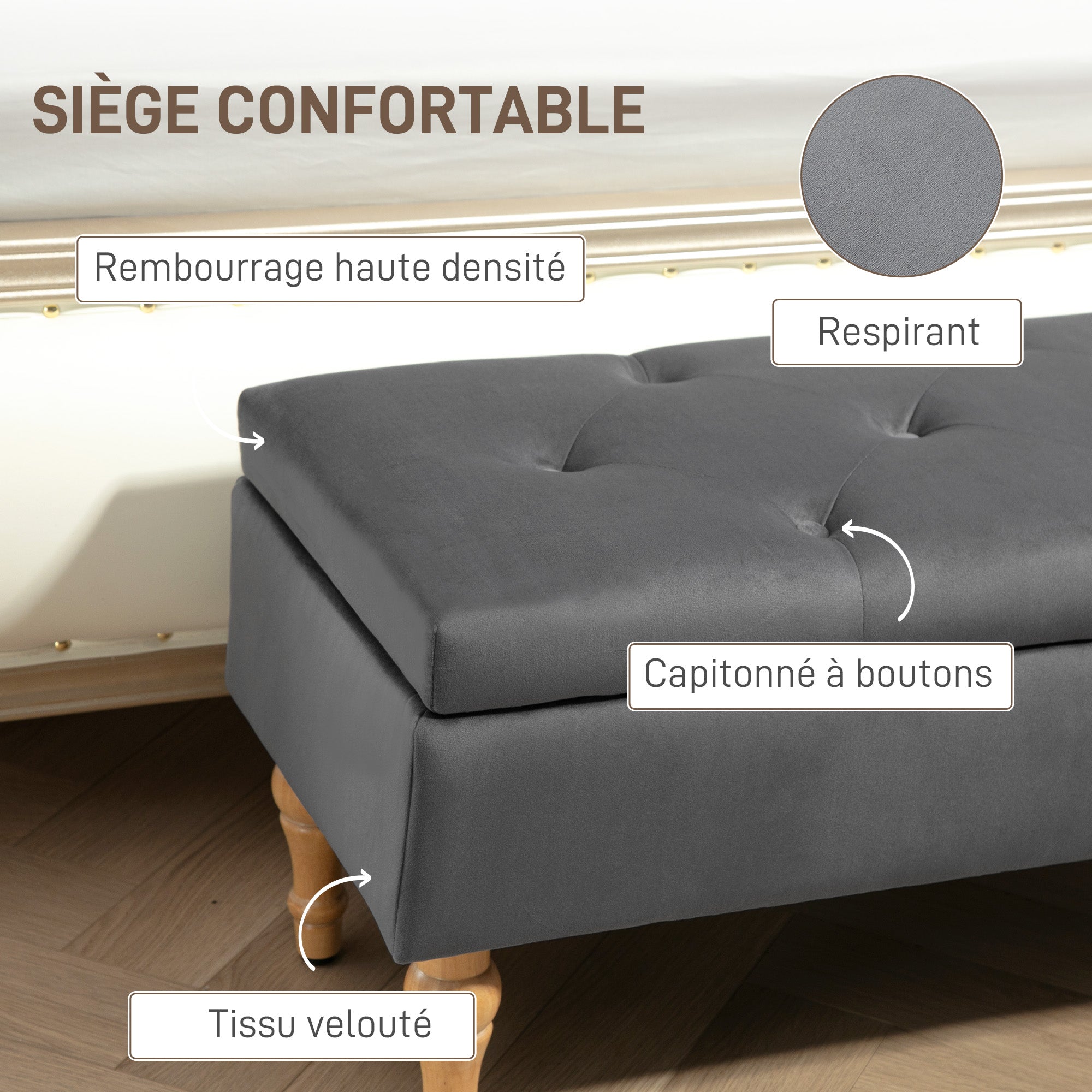 Storage Ottoman Bench 2 in 1 Velvet Storage Bench Medieval Style with Tufted Hinged Lid and Rubberwood Legs for Hallway, Living Room, Bedroom, 102 x 38 x 41 cm, Grey