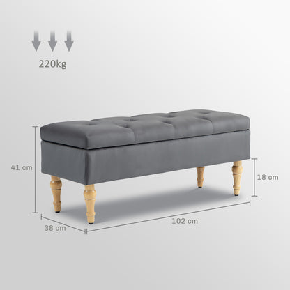 Storage Ottoman Bench 2 in 1 Velvet Storage Bench Medieval Style with Tufted Hinged Lid and Rubberwood Legs for Hallway, Living Room, Bedroom, 102 x 38 x 41 cm, Grey