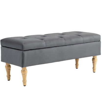 Storage Ottoman Bench 2 in 1 Velvet Storage Bench Medieval Style with Tufted Hinged Lid and Rubberwood Legs for Hallway, Living Room, Bedroom, 102 x 38 x 41 cm, Grey