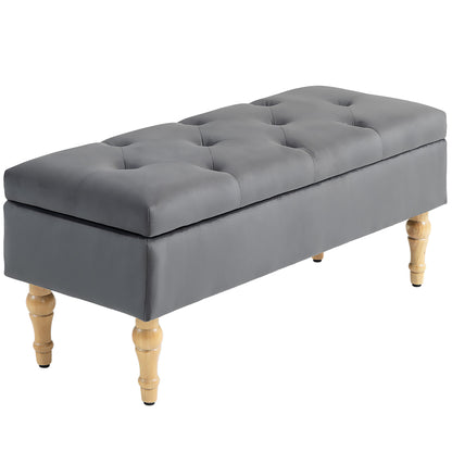 Storage Ottoman Bench 2 in 1 Velvet Storage Bench Medieval Style with Tufted Hinged Lid and Rubberwood Legs for Hallway, Living Room, Bedroom, 102 x 38 x 41 cm, Grey