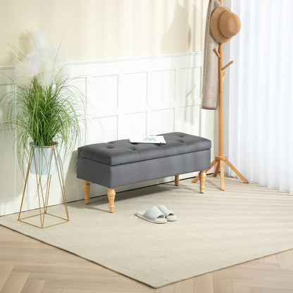 Storage Ottoman Bench 2 in 1 Velvet Storage Bench Medieval Style with Tufted Hinged Lid and Rubberwood Legs for Hallway, Living Room, Bedroom, 102 x 38 x 41 cm, Grey