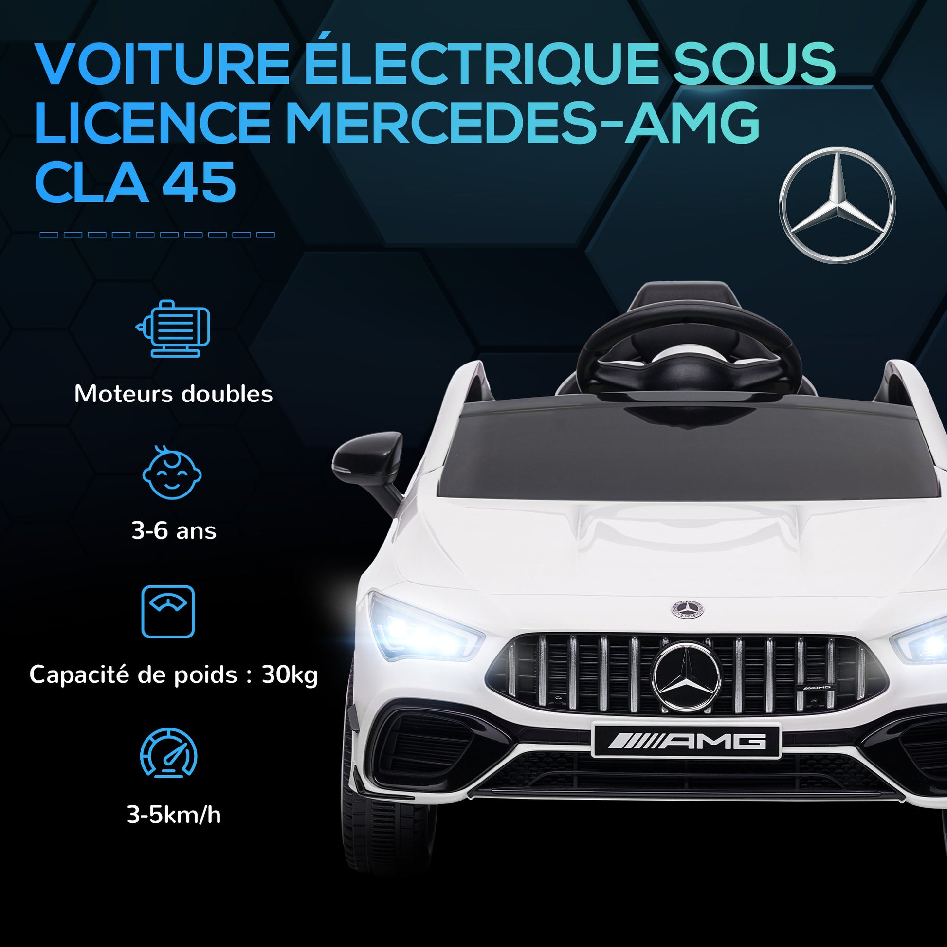 Electric Car for Kids Mercedes-benz AMG CLA 45 12V Battery Powered 2 Motors Electric Vehicle for Children 3-6 years old - 2.4G Remote Control Speed 3-5 km/h LED Headlights and Sound Effects White