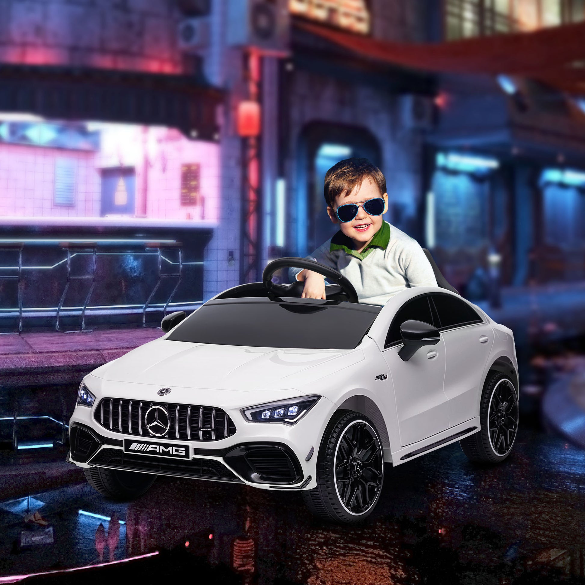 Electric Car for Kids Mercedes-benz AMG CLA 45 12V Battery Powered 2 Motors Electric Vehicle for Children 3-6 years old - 2.4G Remote Control Speed 3-5 km/h LED Headlights and Sound Effects White
