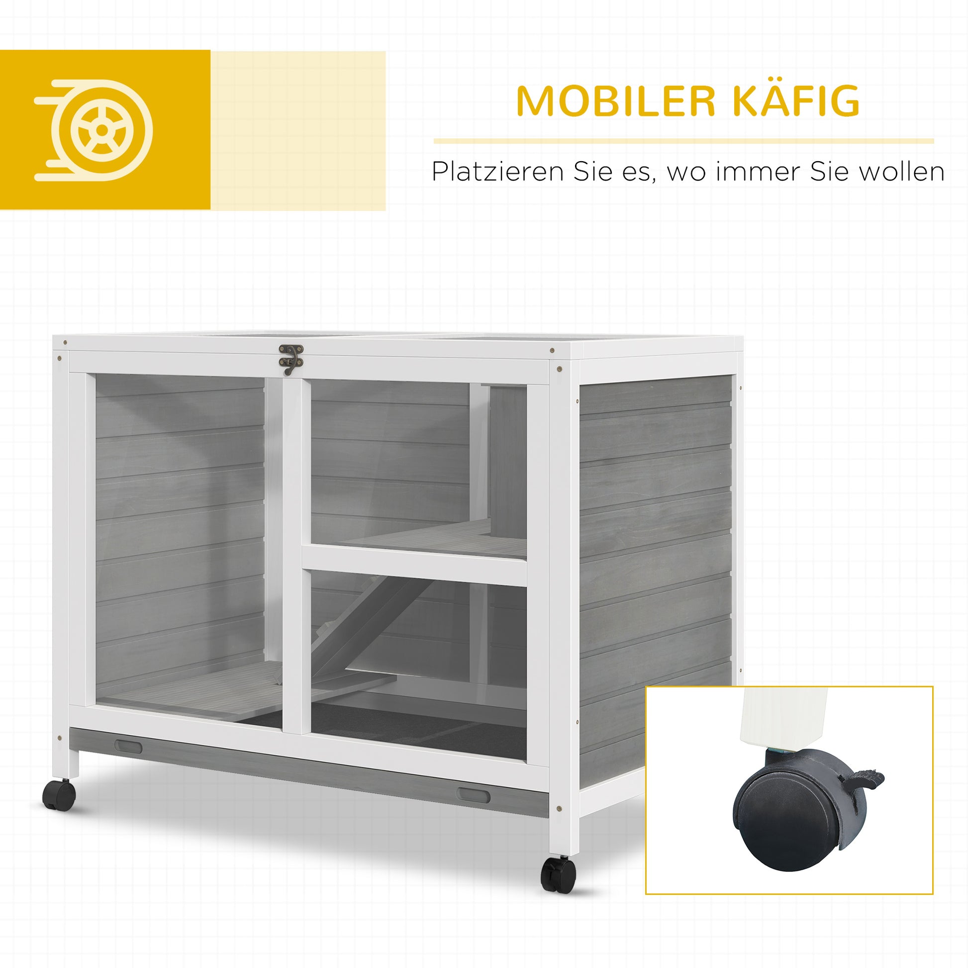 Rabbit Hutch made of wood Bunny Hutch with 2 levels Playpen Wheels Hinged roof Ramp Tray, Winterproof Guinea Pig Hutch Small Animal Hutch Rabbit Cage for indoors, 91.5 x 53.3 x 73 cm Gray