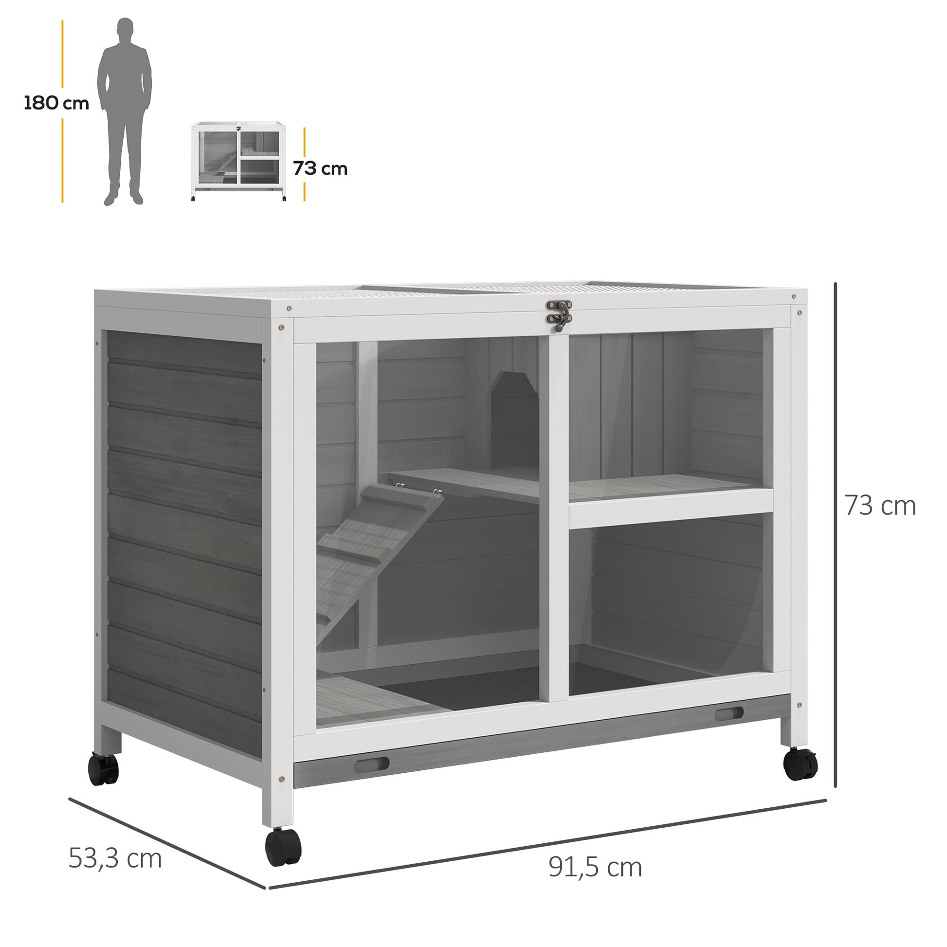 Rabbit Hutch made of wood Bunny Hutch with 2 levels Playpen Wheels Hinged roof Ramp Tray, Winterproof Guinea Pig Hutch Small Animal Hutch Rabbit Cage for indoors, 91.5 x 53.3 x 73 cm Gray