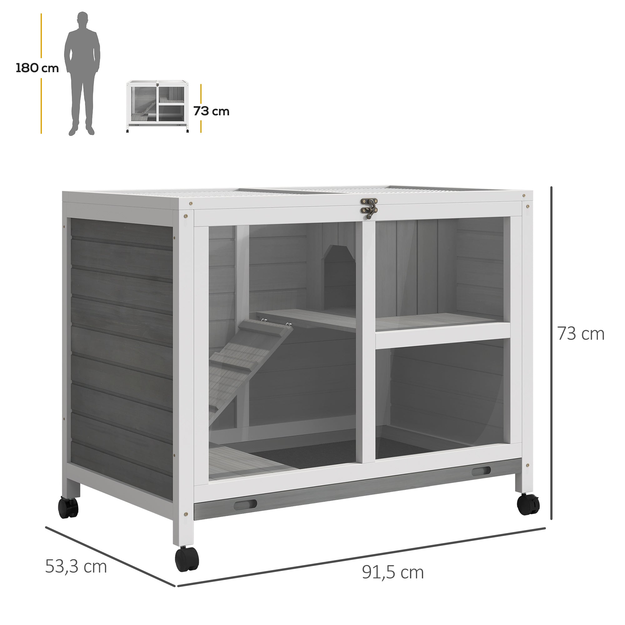 Rabbit Hutch made of wood Bunny Hutch with 2 levels Playpen Wheels Hinged roof Ramp Tray, Winterproof Guinea Pig Hutch Small Animal Hutch Rabbit Cage for indoors, 91.5 x 53.3 x 73 cm Gray