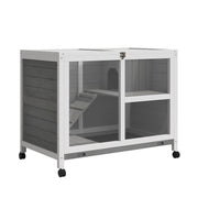 Rabbit Hutch made of wood Bunny Hutch with 2 levels Playpen Wheels Hinged roof Ramp Tray, Winterproof Guinea Pig Hutch Small Animal Hutch Rabbit Cage for indoors, 91.5 x 53.3 x 73 cm Gray