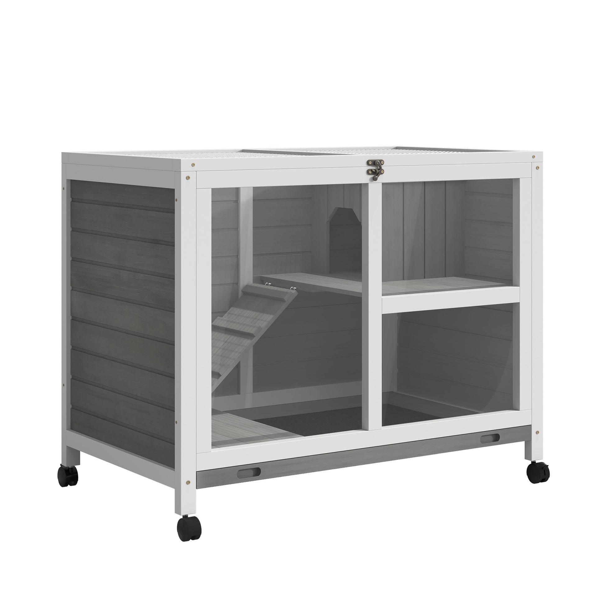 Rabbit Hutch made of wood Bunny Hutch with 2 levels Playpen Wheels Hinged roof Ramp Tray, Winterproof Guinea Pig Hutch Small Animal Hutch Rabbit Cage for indoors, 91.5 x 53.3 x 73 cm Gray