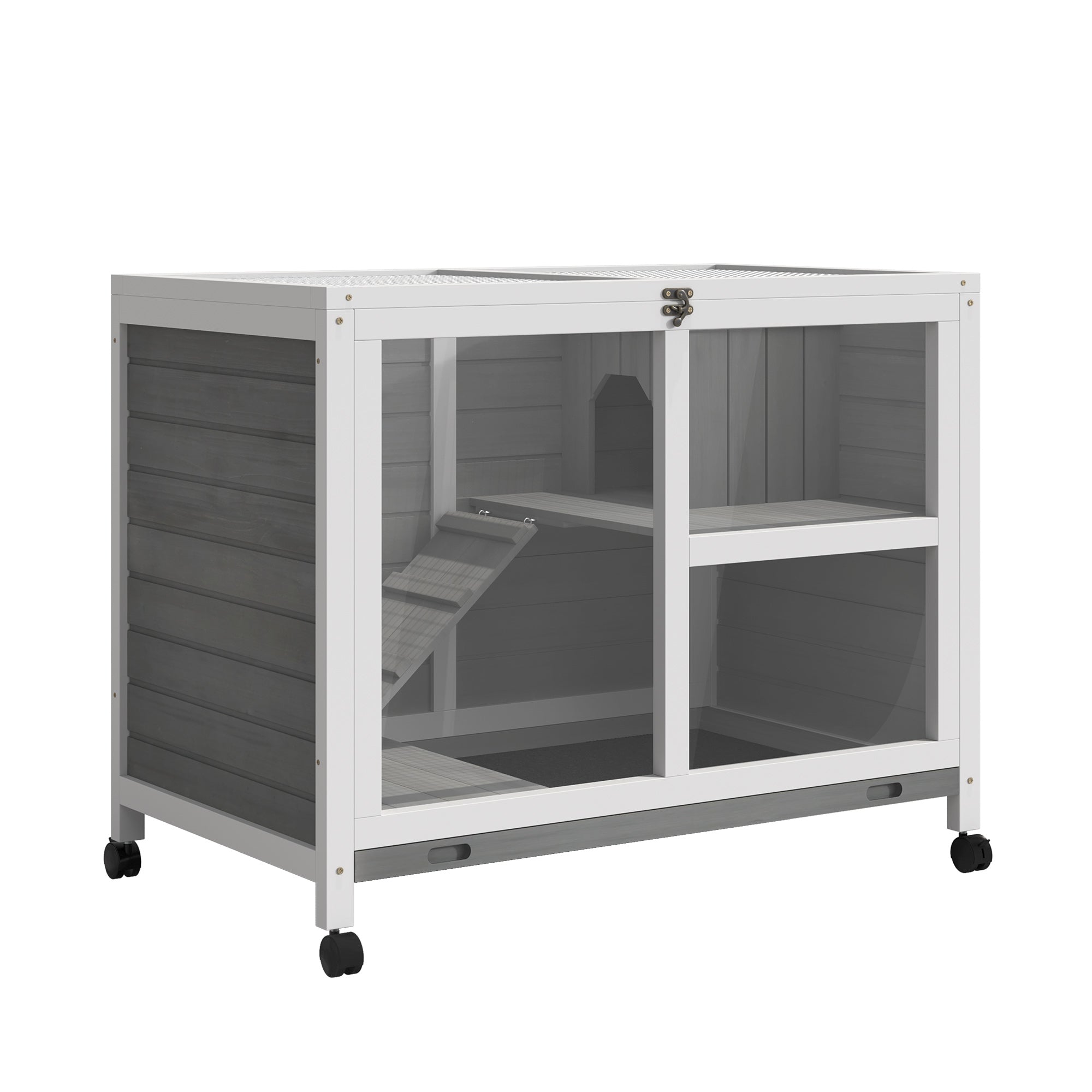 Rabbit Hutch made of wood Bunny Hutch with 2 levels Playpen Wheels Hinged roof Ramp Tray, Winterproof Guinea Pig Hutch Small Animal Hutch Rabbit Cage for indoors, 91.5 x 53.3 x 73 cm Gray