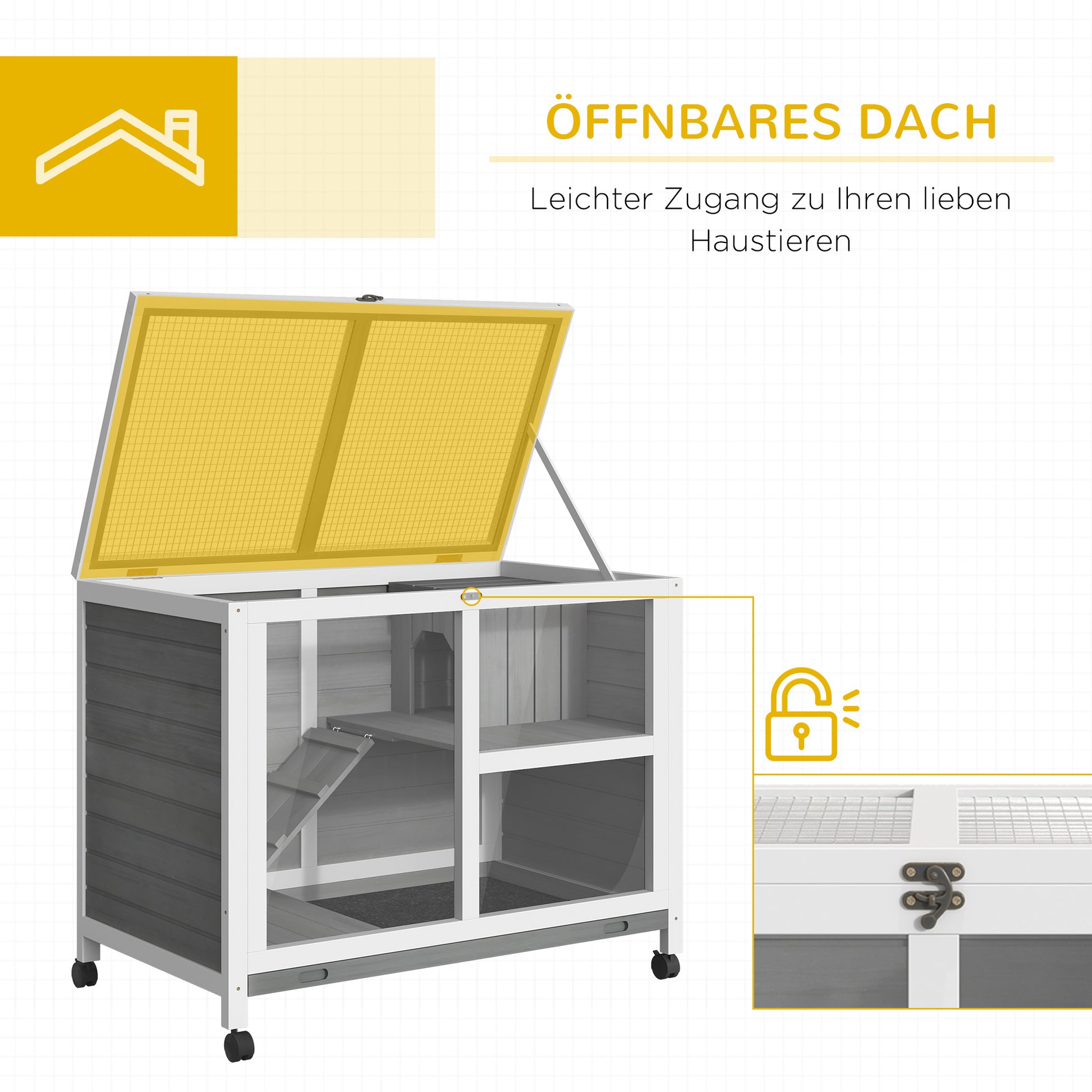 Rabbit Hutch made of wood Bunny Hutch with 2 levels Playpen Wheels Hinged roof Ramp Tray, Winterproof Guinea Pig Hutch Small Animal Hutch Rabbit Cage for indoors, 91.5 x 53.3 x 73 cm Gray