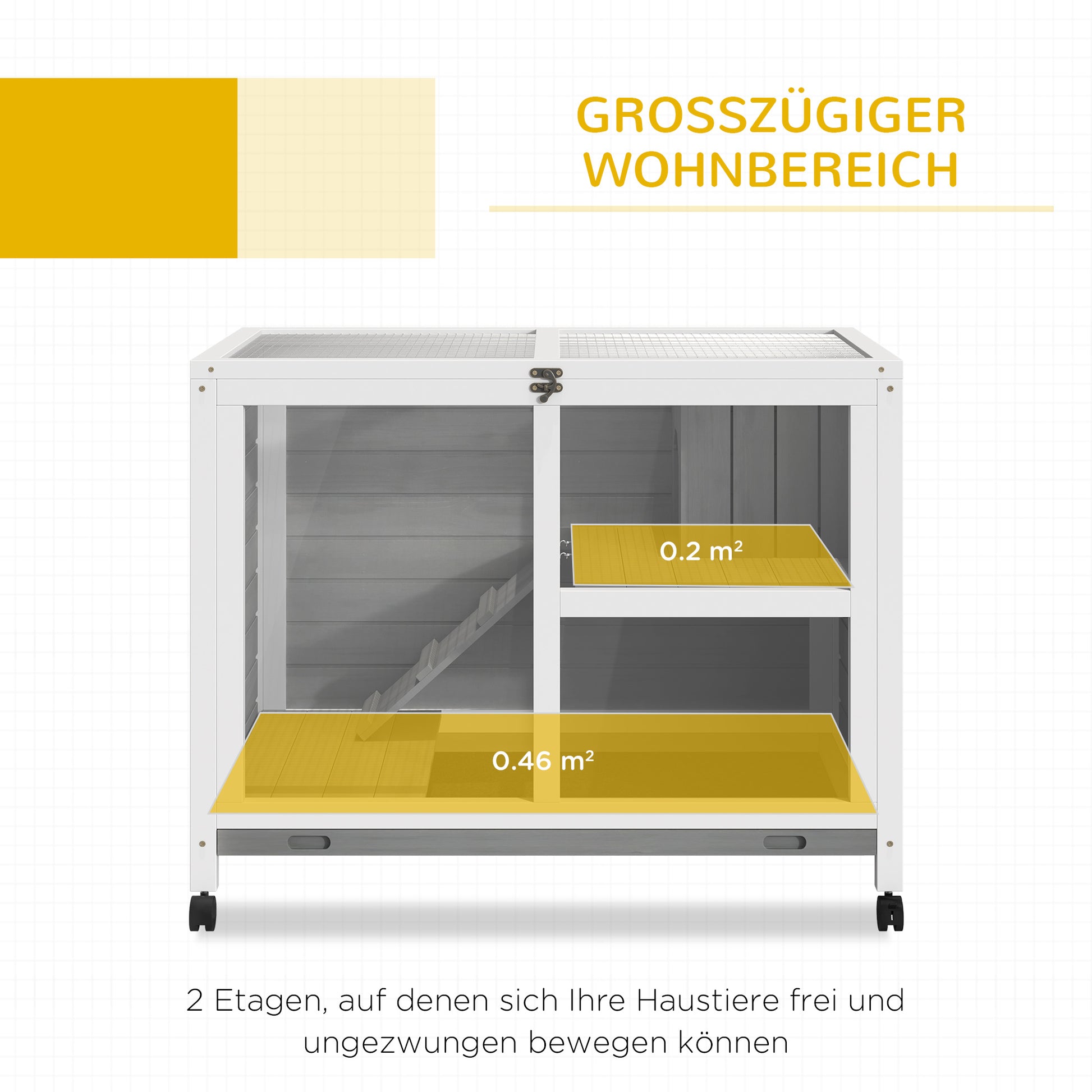 Rabbit Hutch made of wood Bunny Hutch with 2 levels Playpen Wheels Hinged roof Ramp Tray, Winterproof Guinea Pig Hutch Small Animal Hutch Rabbit Cage for indoors, 91.5 x 53.3 x 73 cm Gray